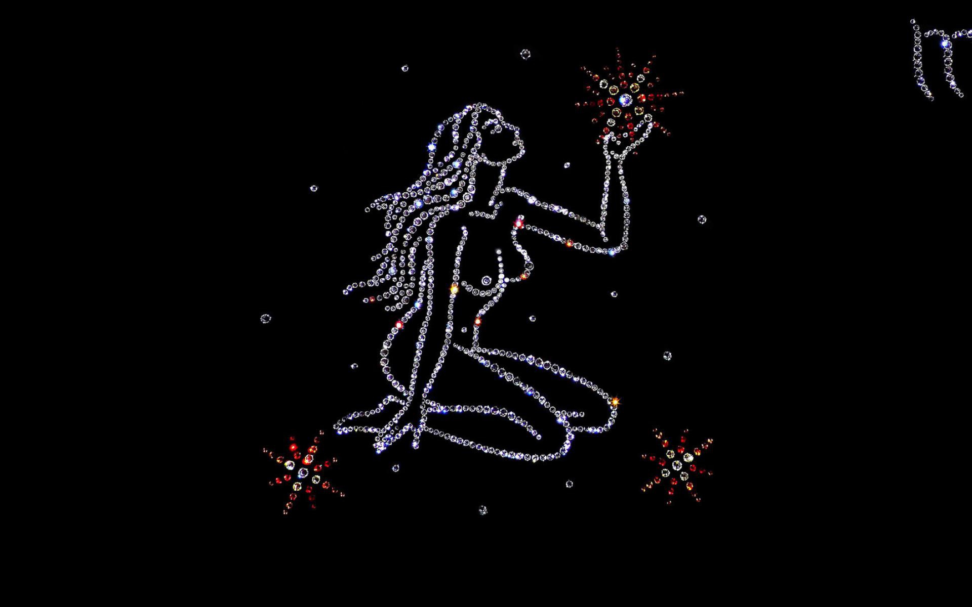 Блестящий знак зодиака дева на черном фоне