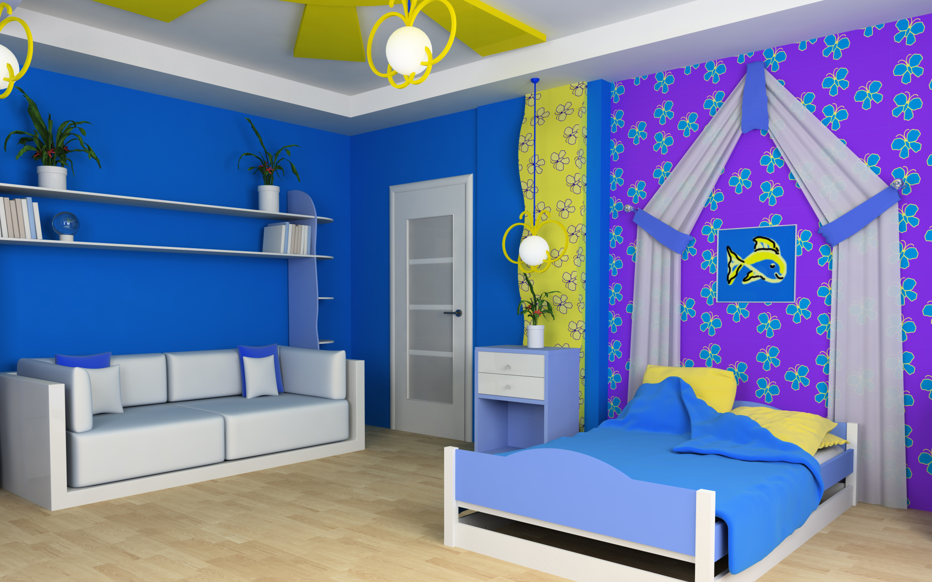 Красивая детская комната с кроватью и диваном с яркими синими стенами