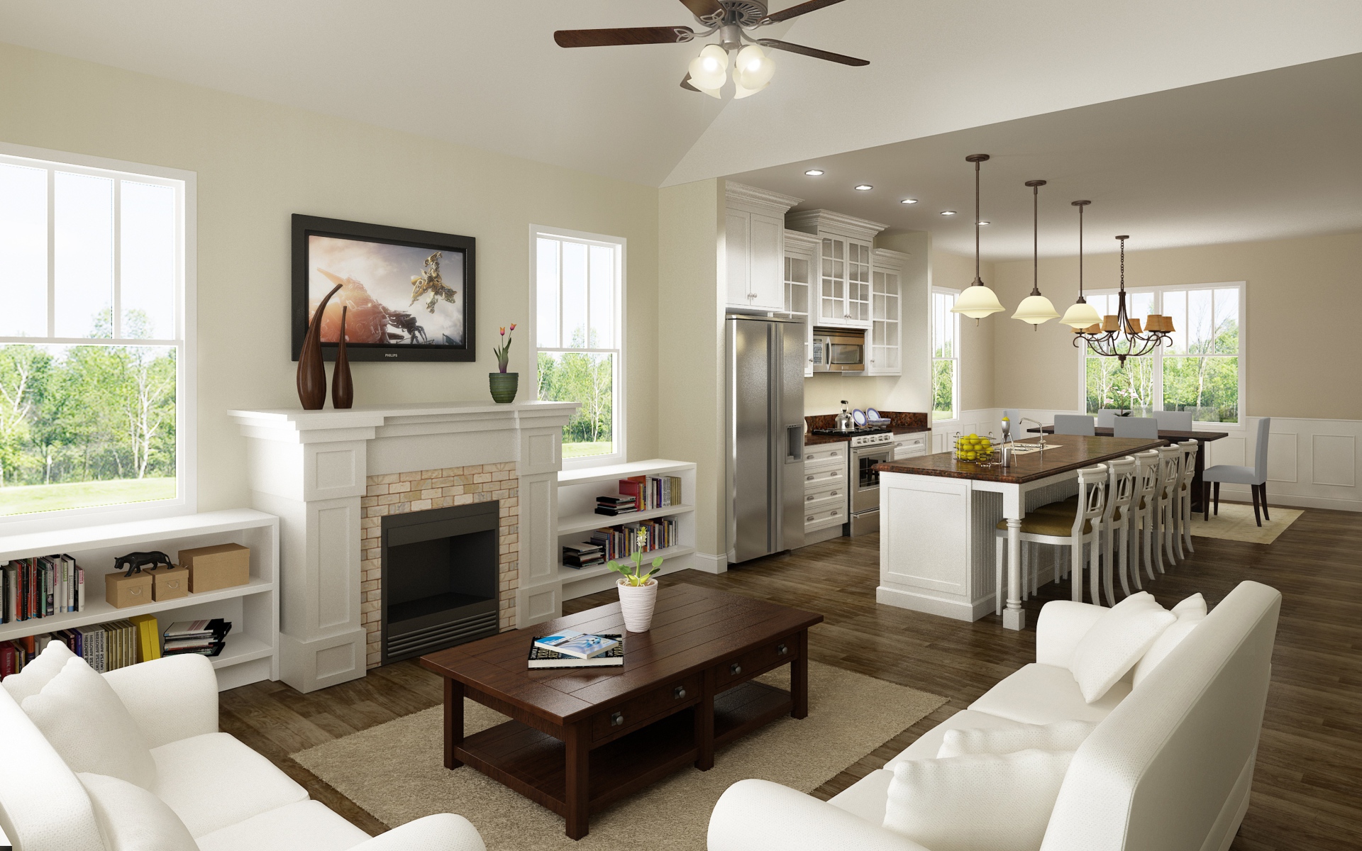 Светлая гостиная комната с кухней 