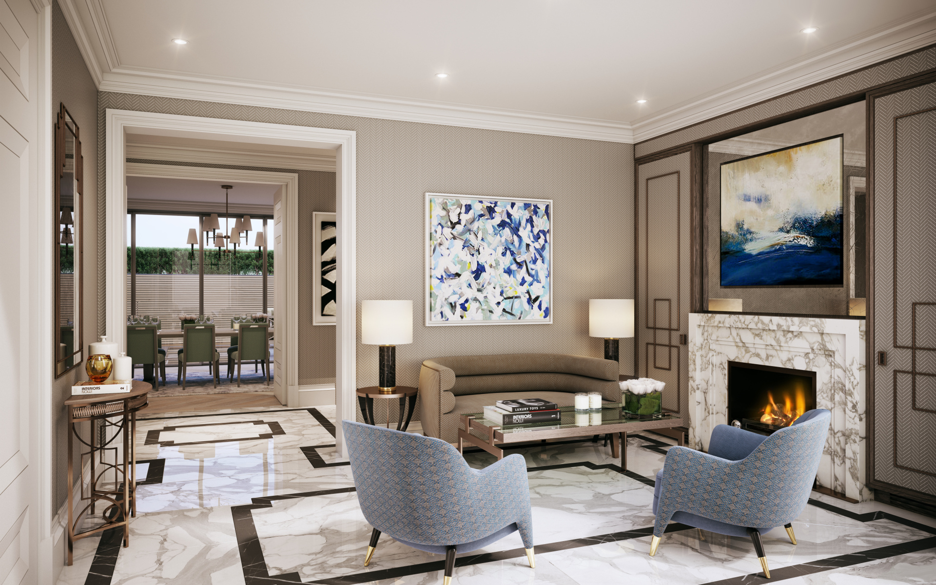 Гостиная с камином  и большой картиной на стене