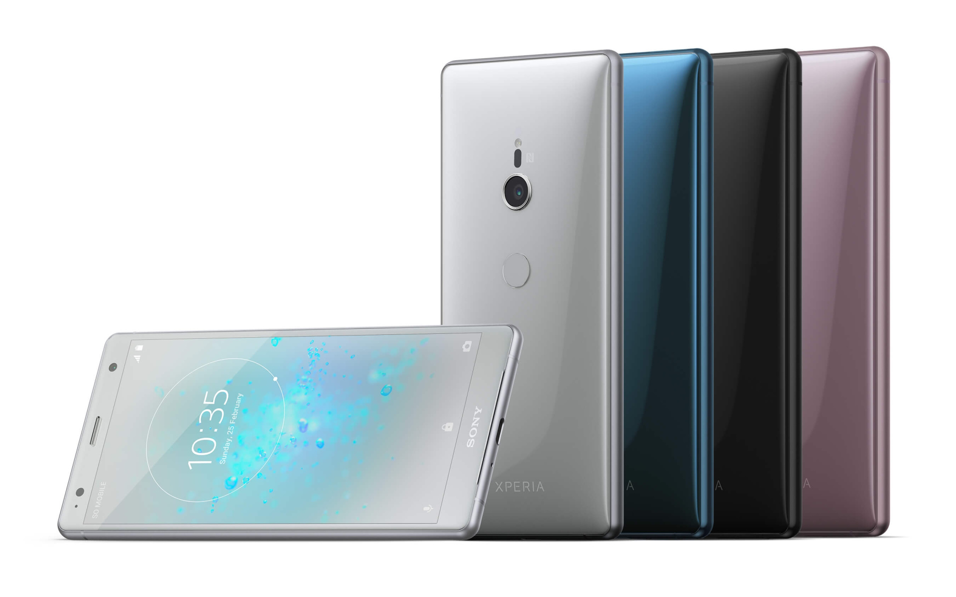 Разноцветные тонкие смартфоны Sony Xperia XZ2 на белом фоне
