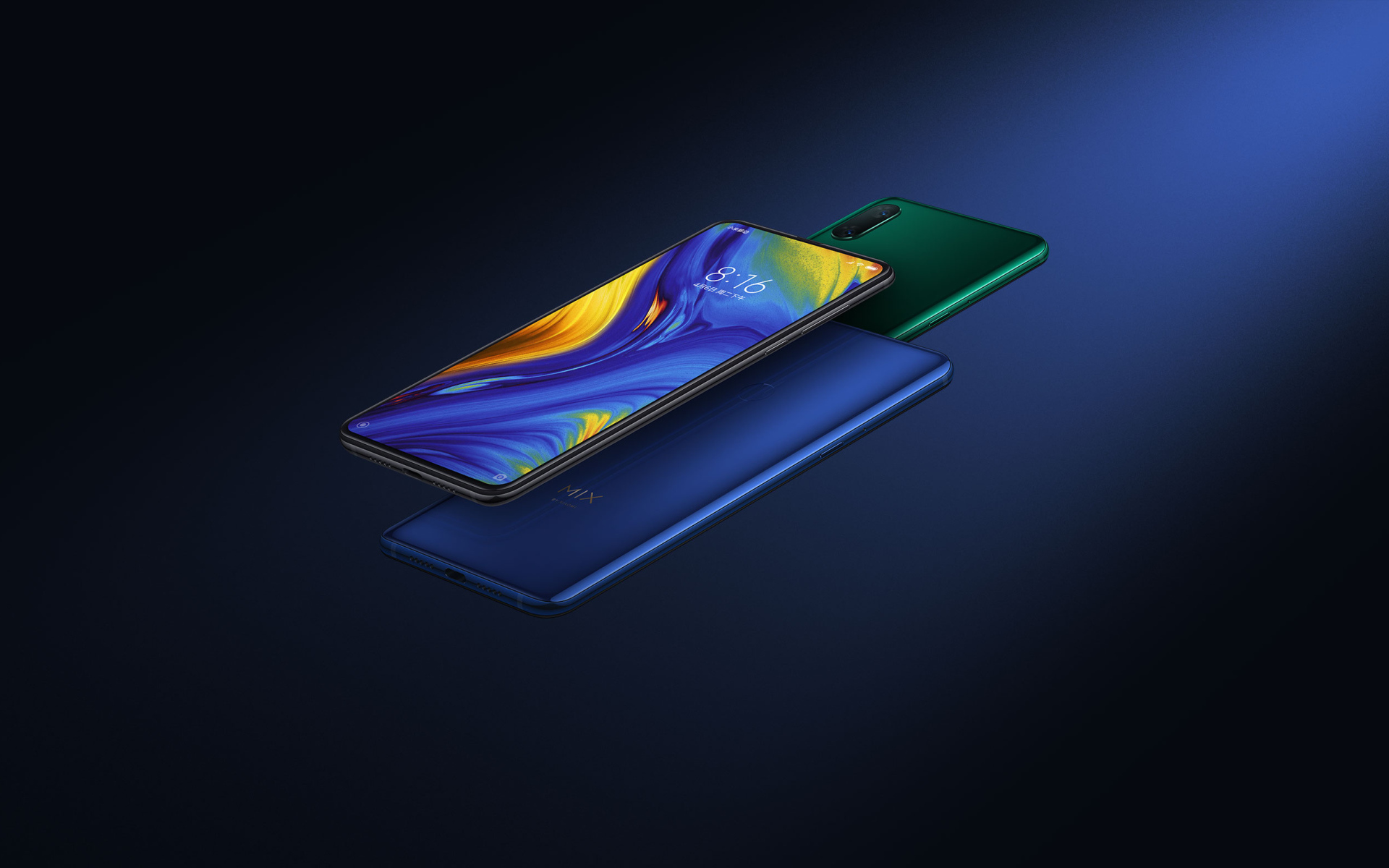 Новый безрамочный смартфон слайдер Xiaomi Mi Mix 3 на синем фоне