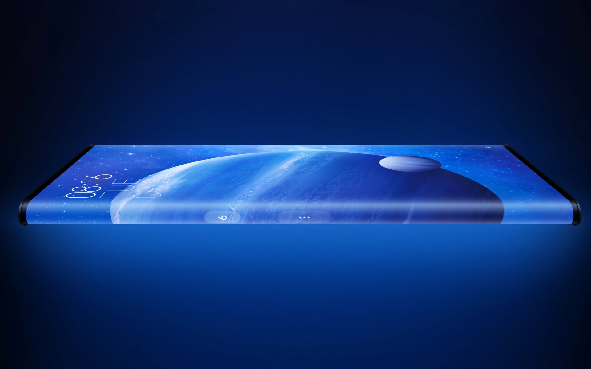 Тонкий смартфон Xiaomi Mi Mix Alpha на синем фоне