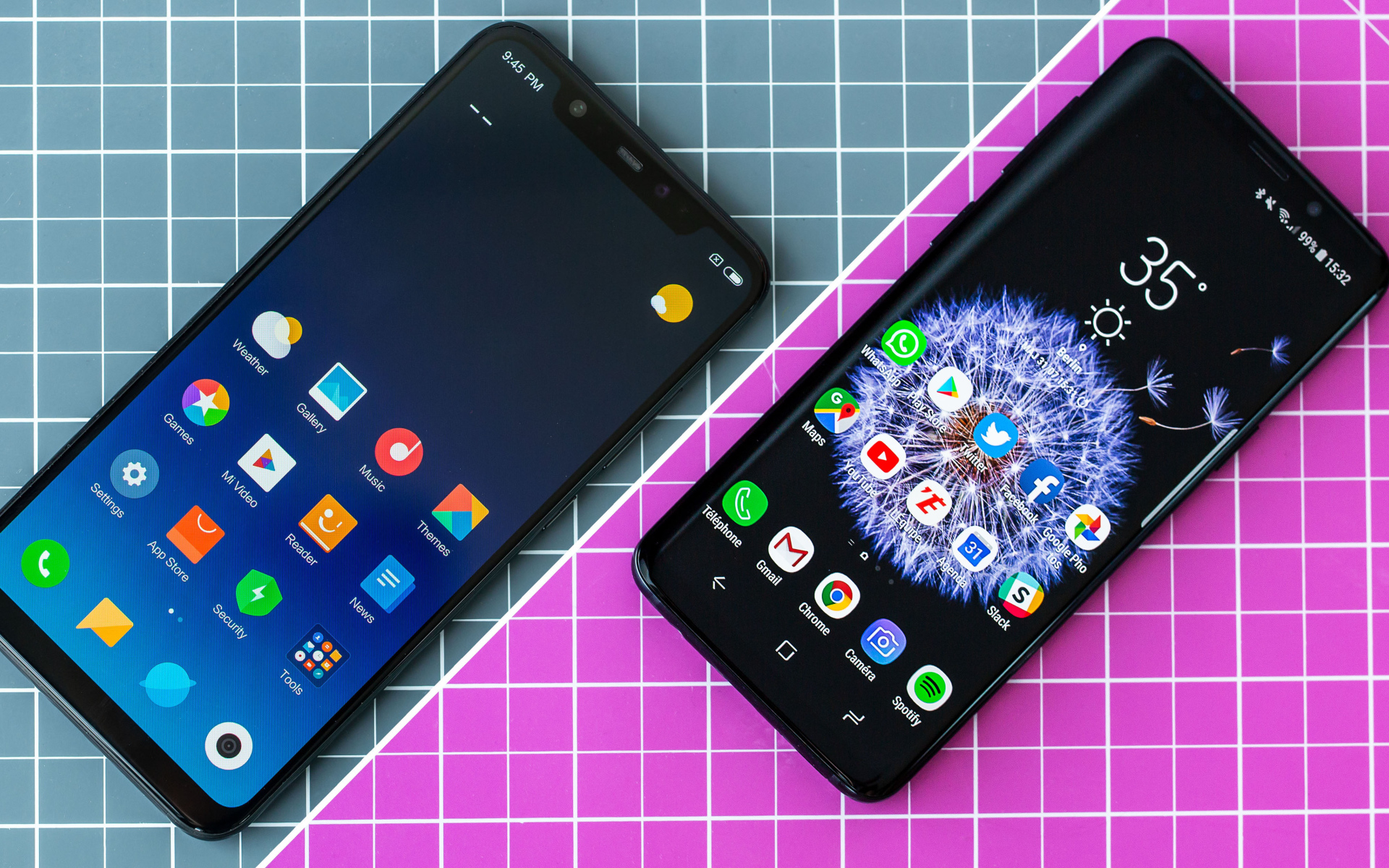 Два смартфона Xiaomi Mi 8 и Samsung Galaxy S9+