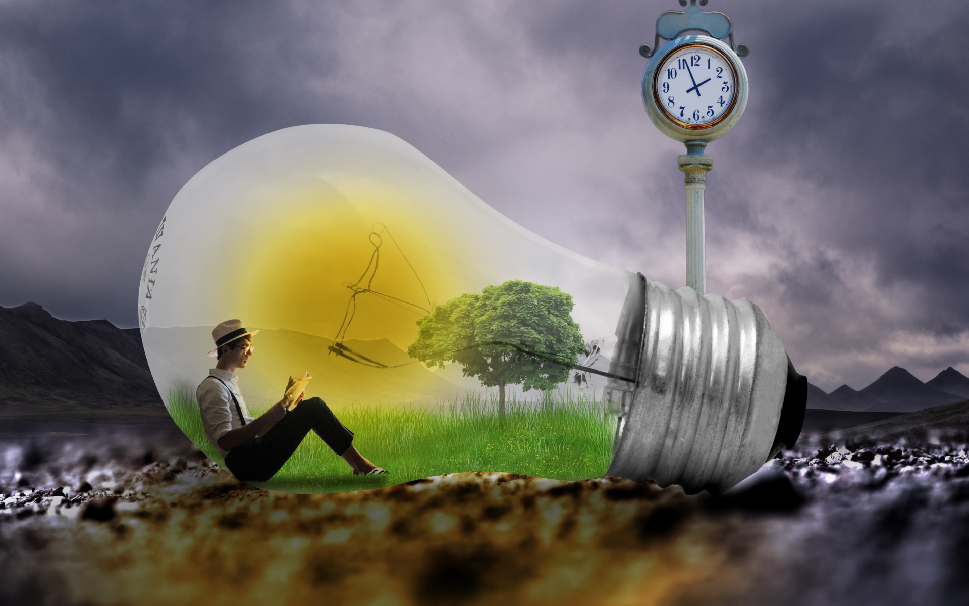 Мужчина сидит в большой фантастической лампочке у часов