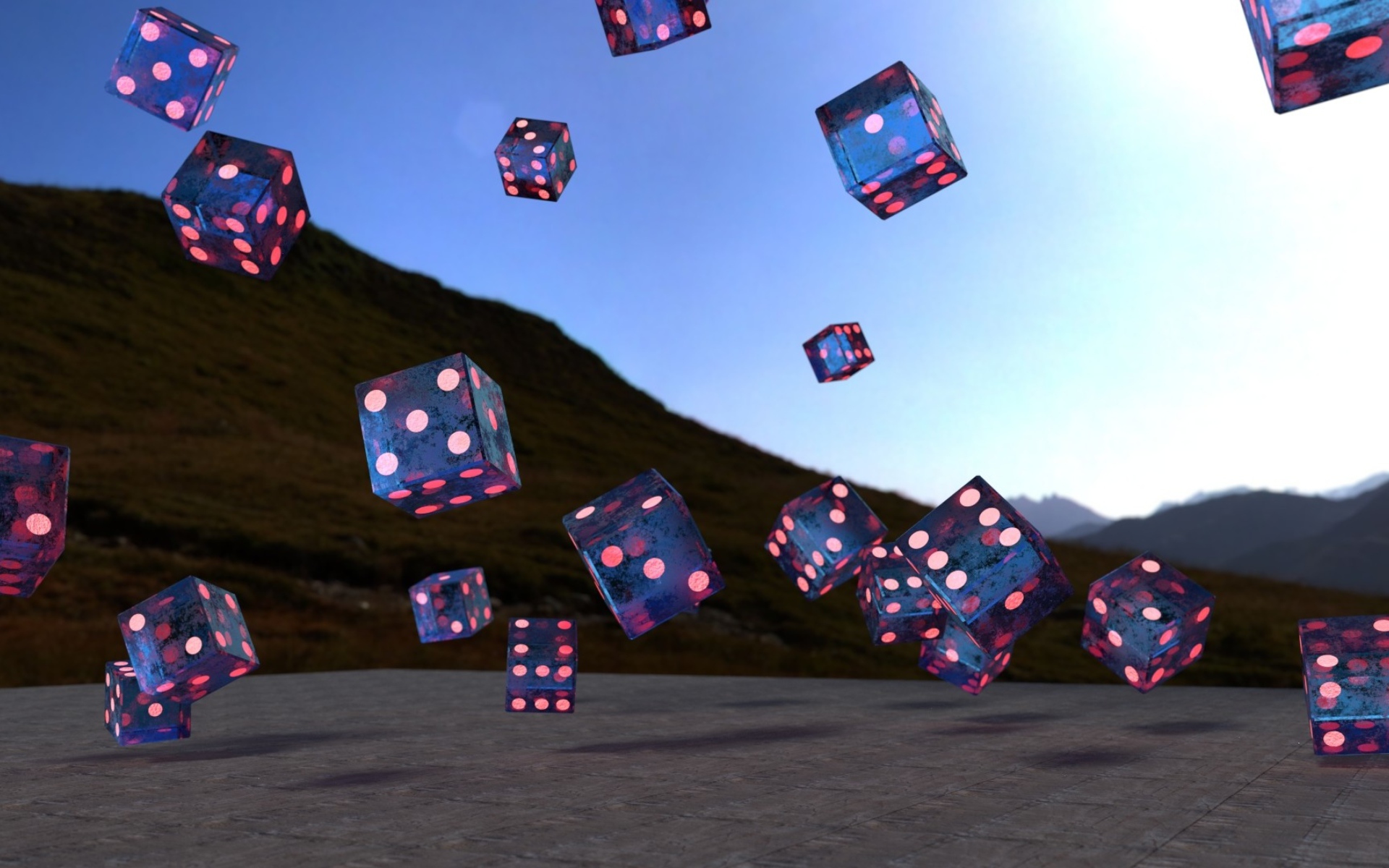 Летающие игральные кости над дорогой, 3д графика