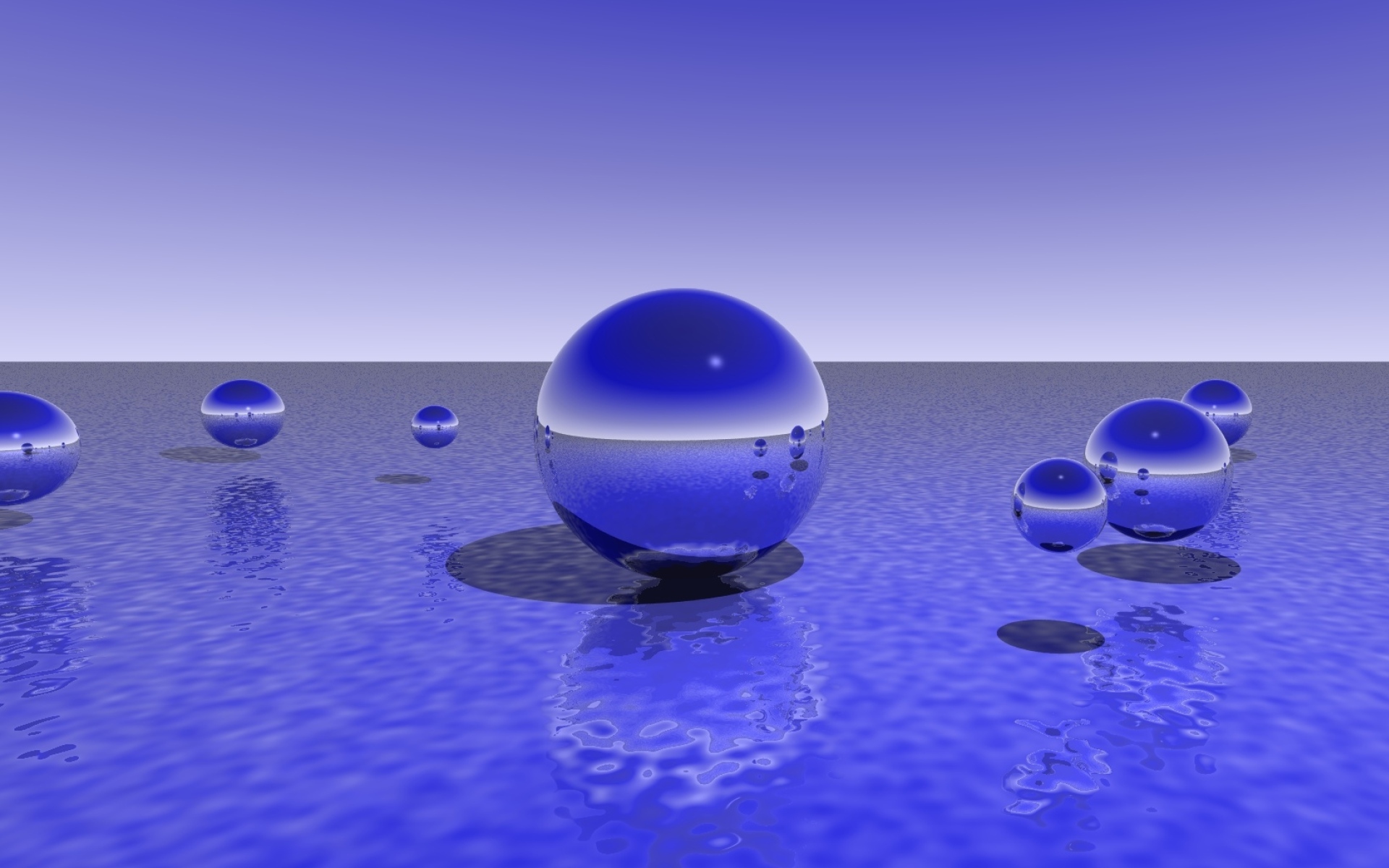 Фиолетовые 3д шары над водой 