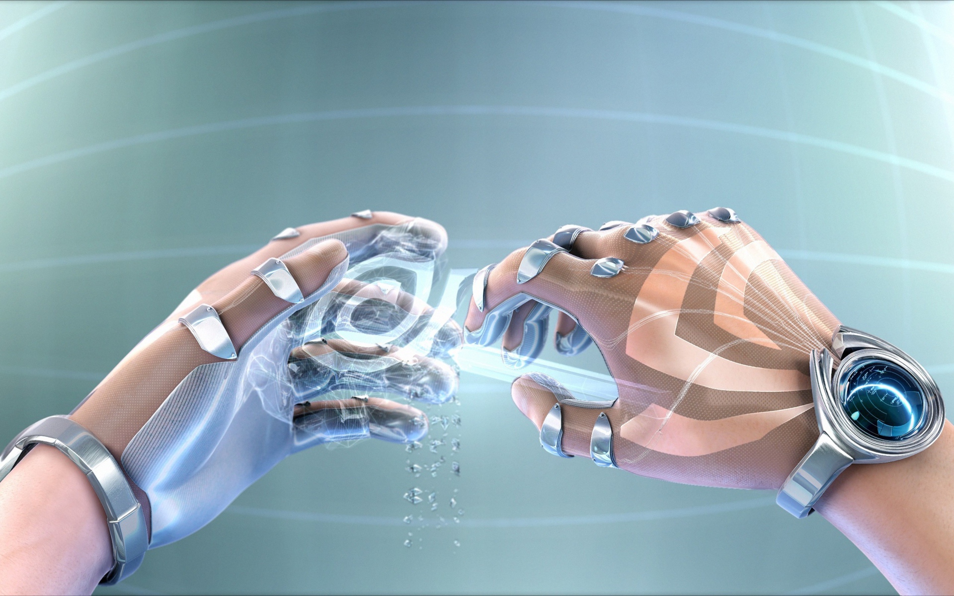 Two hands of the robot on a gray background, 3D graphics