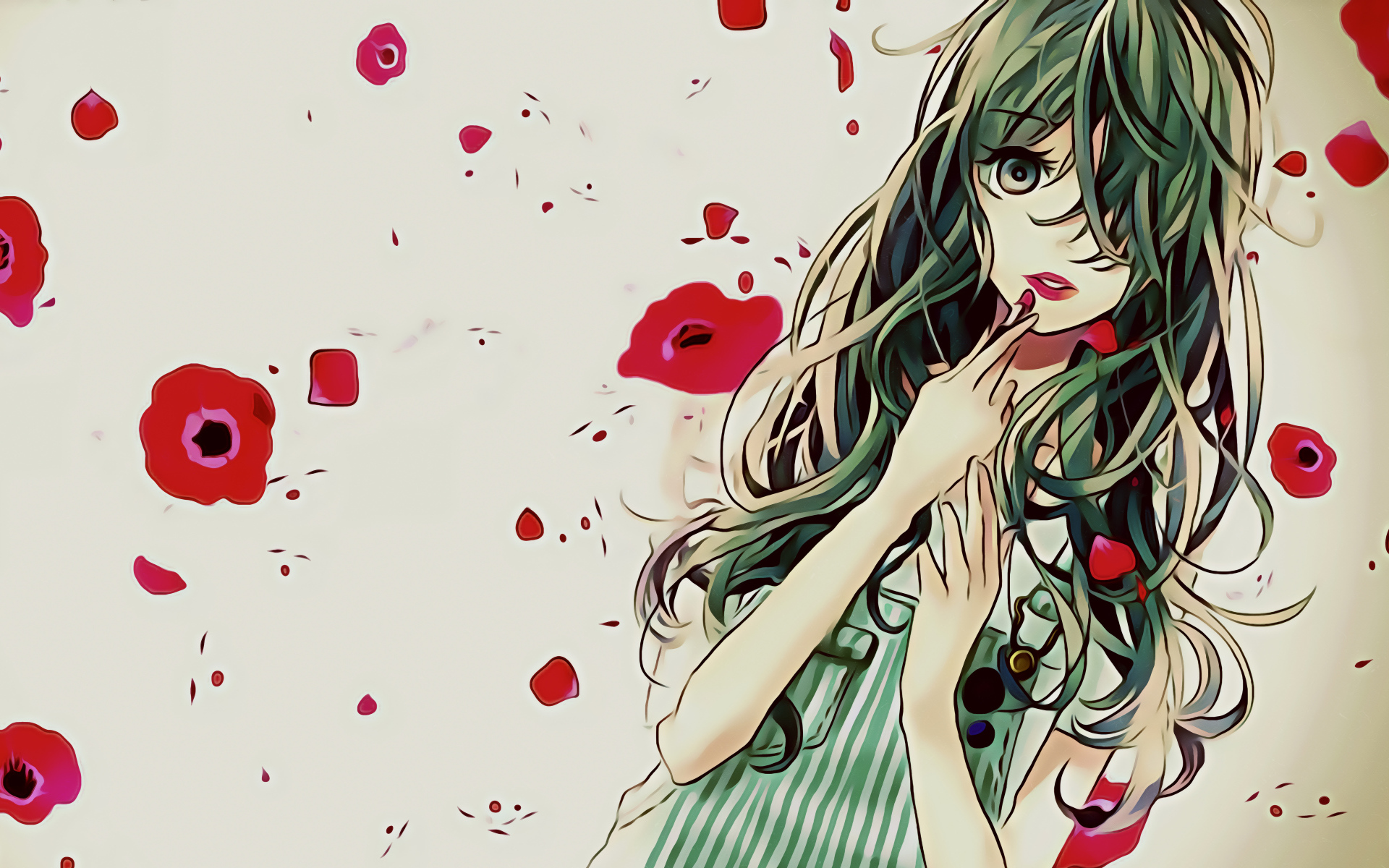 Девушка аниме на фоне с красными маками