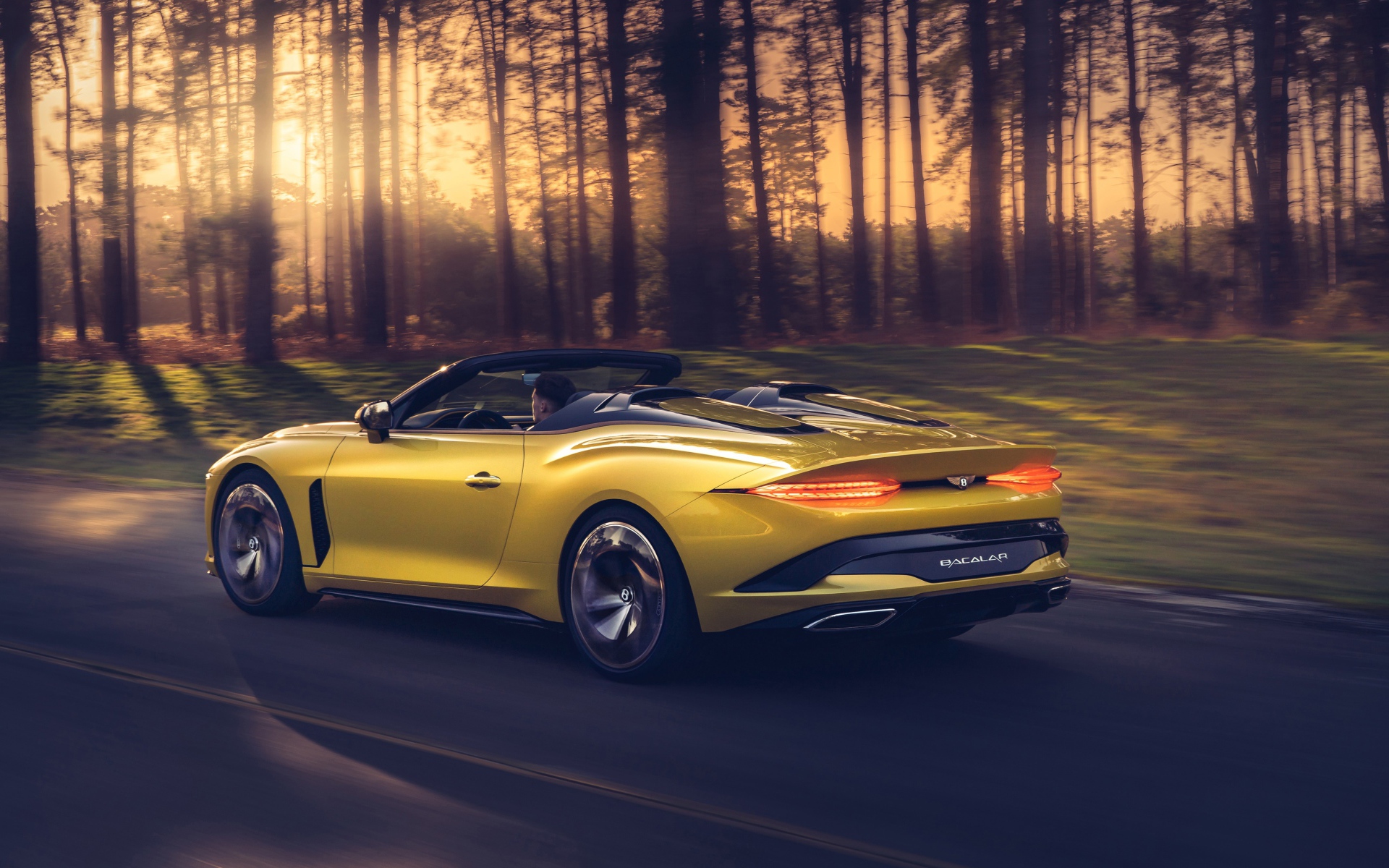 2020 yellow Bentley Mulliner Bacalar car in the forest