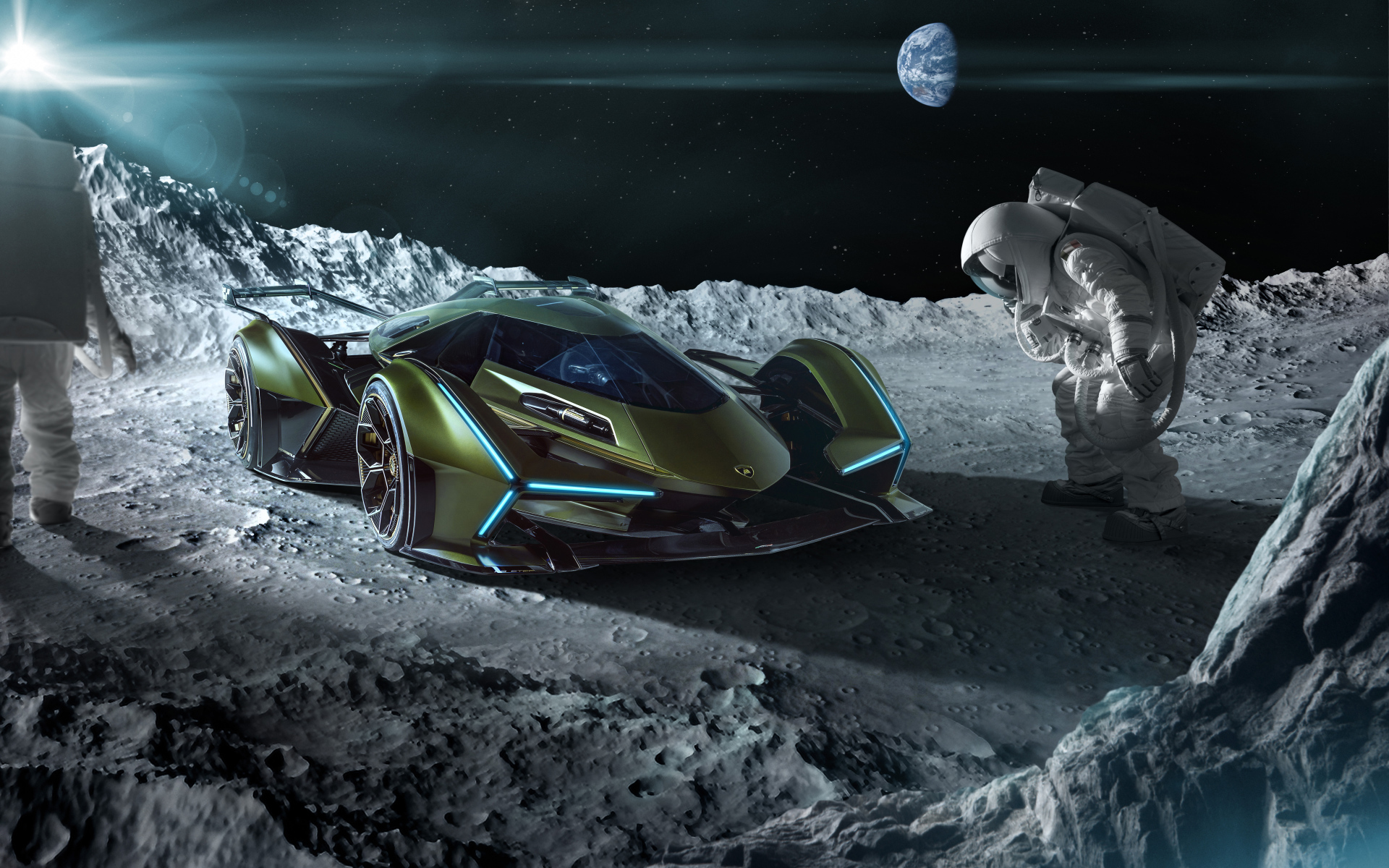 Спортивный автомобиль Lamborghini Lambo V12, 2019 года на поверхности луны