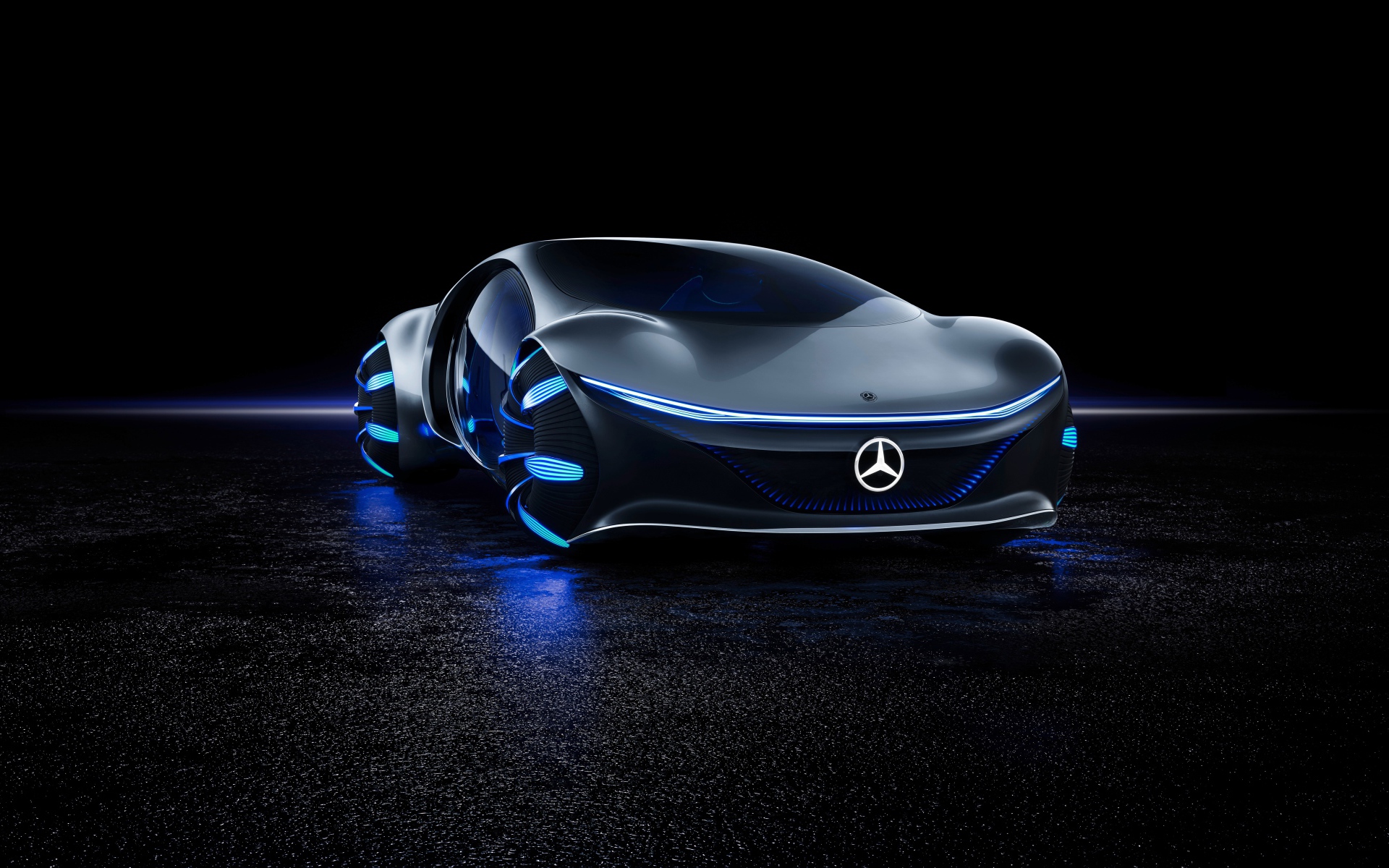 Футуристический автомобиль Mercedes-Benz VISION AVTR 2020 года на черном фоне