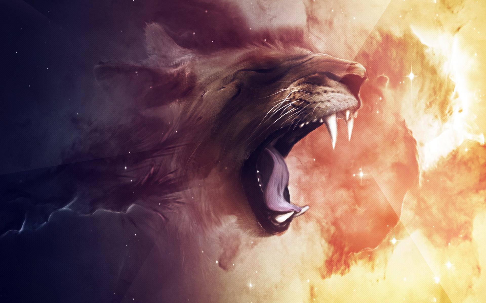 Нарисованный лев зевает на огненном фоне