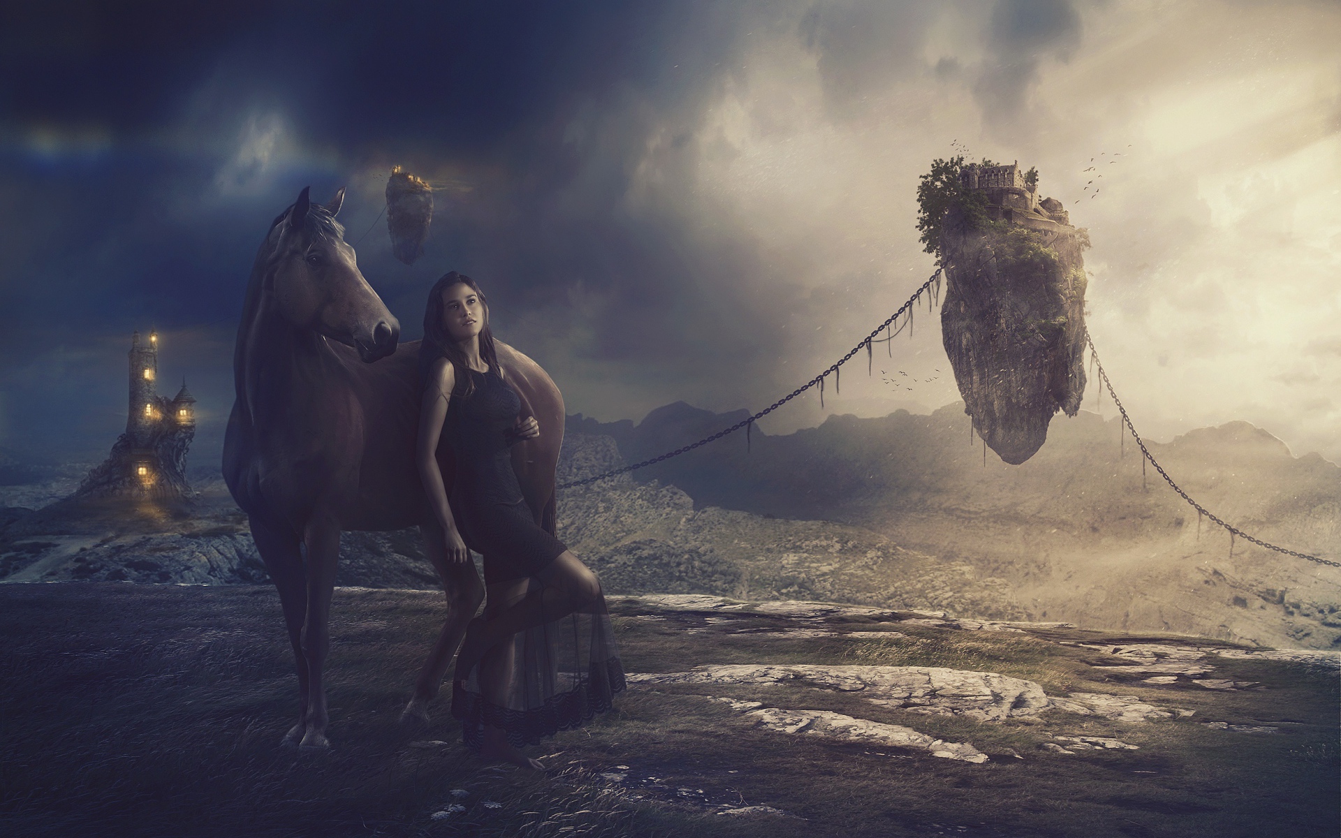 Девушка в черном платье с лошадью на фантастической планете
