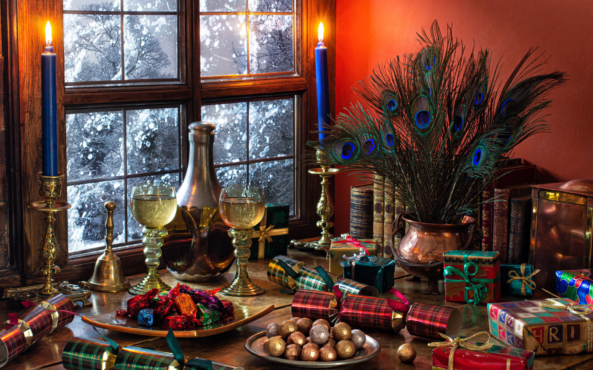 Candies, gifts and antique items on a table by the window