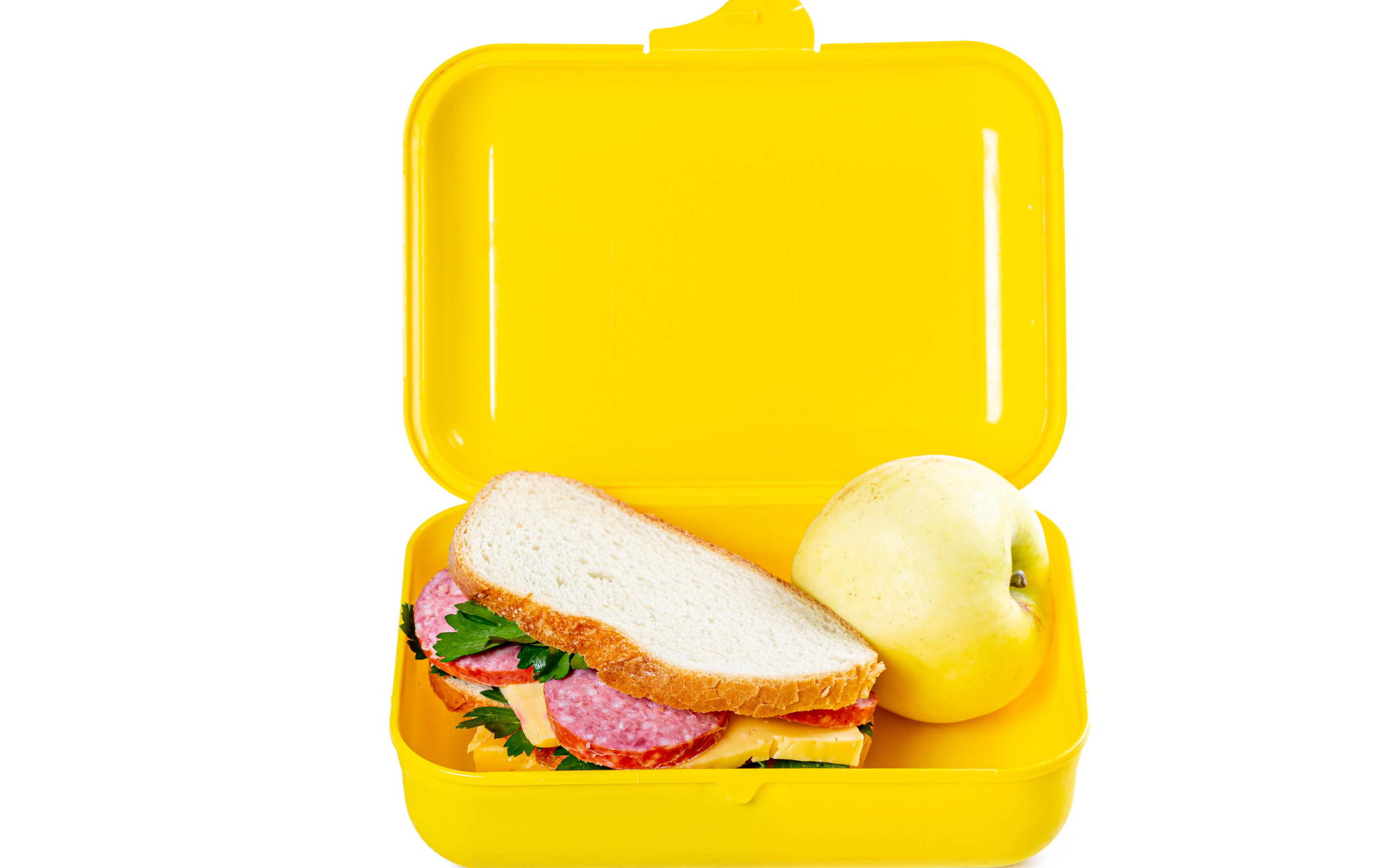 Бутерброд и яблоко в контейнере на белом фоне