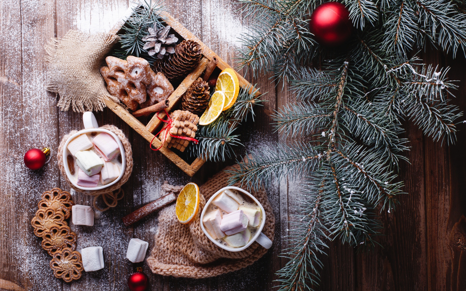 Зеленая еловая ветка на столе с печеньем и шишками