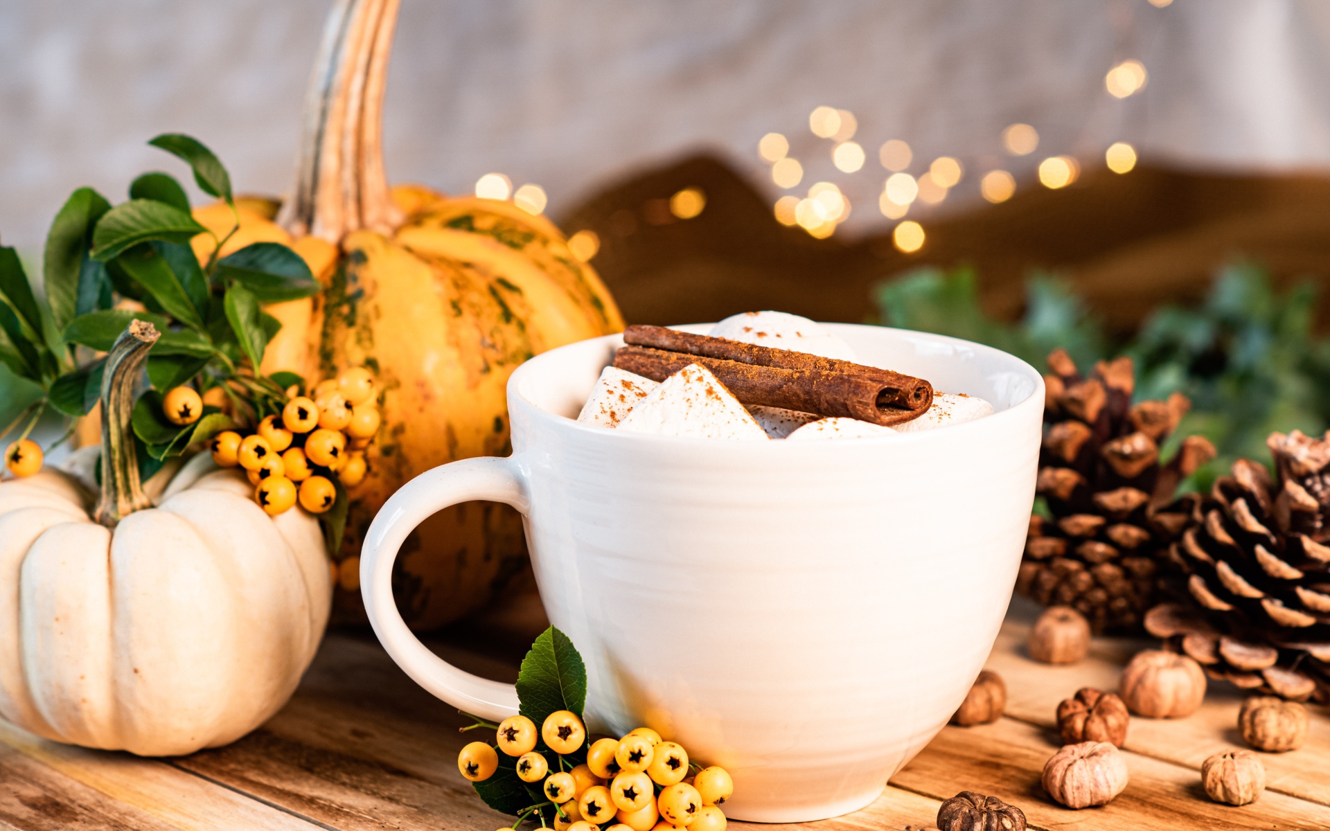 Чашка горячего маршмеллоу с корицей на столе с тыквой и шишками