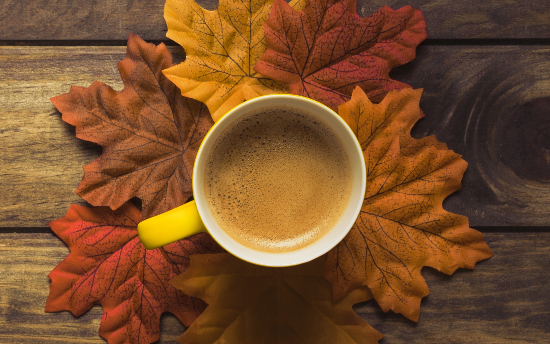 Чашка горячего кофе стоит на осенних листьях 