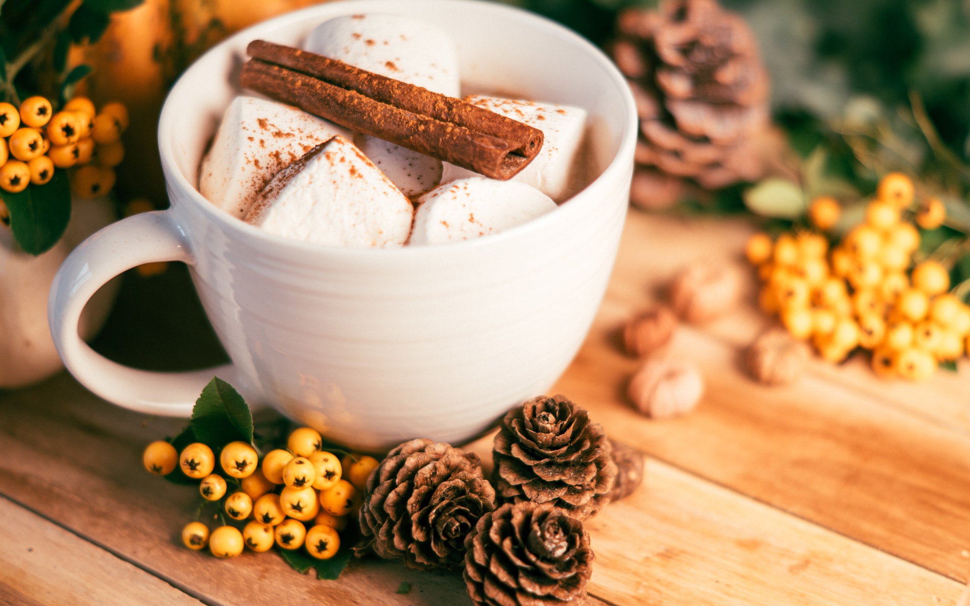 Маршмеллоу в чашке с корицей на столе с шишками и гроздьями рябины
