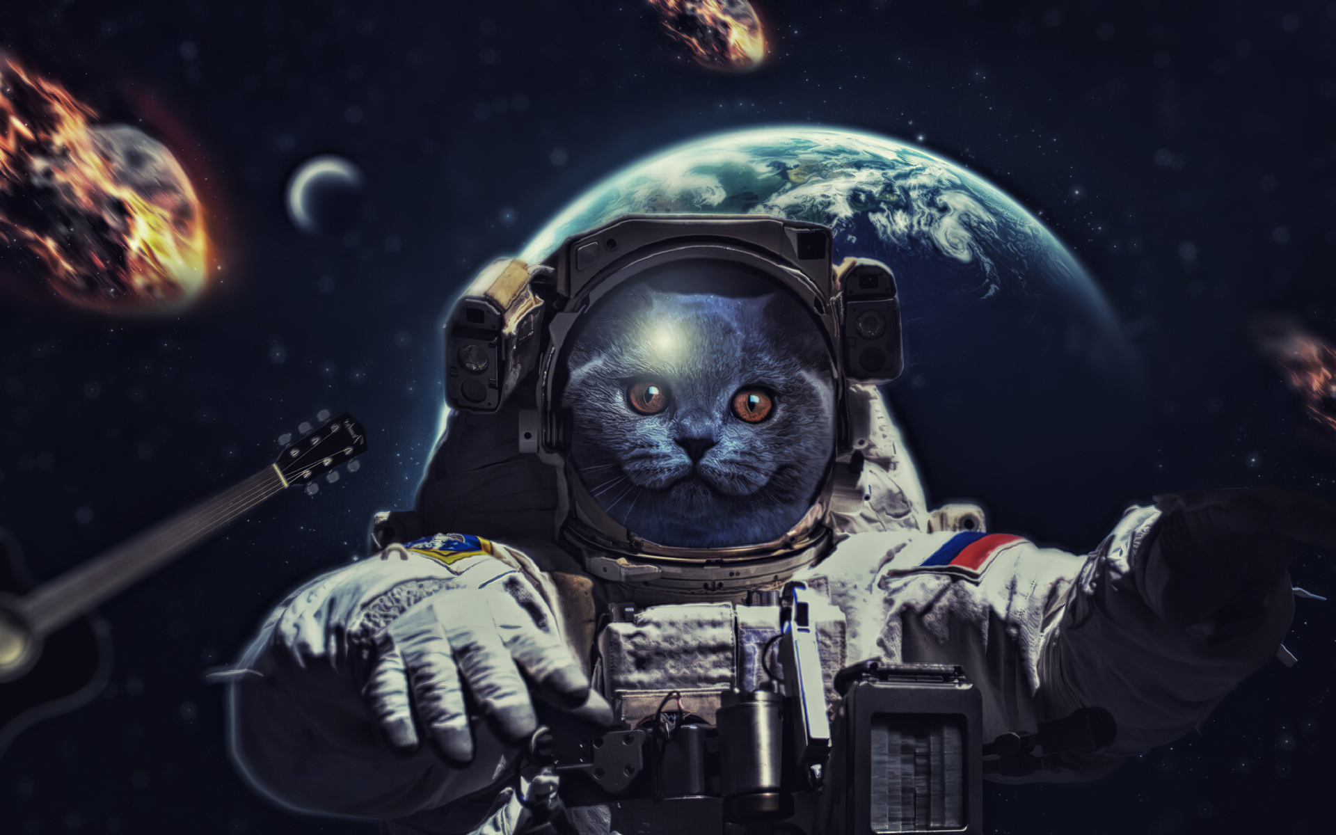 Кот в костюме космонавта в космосе 