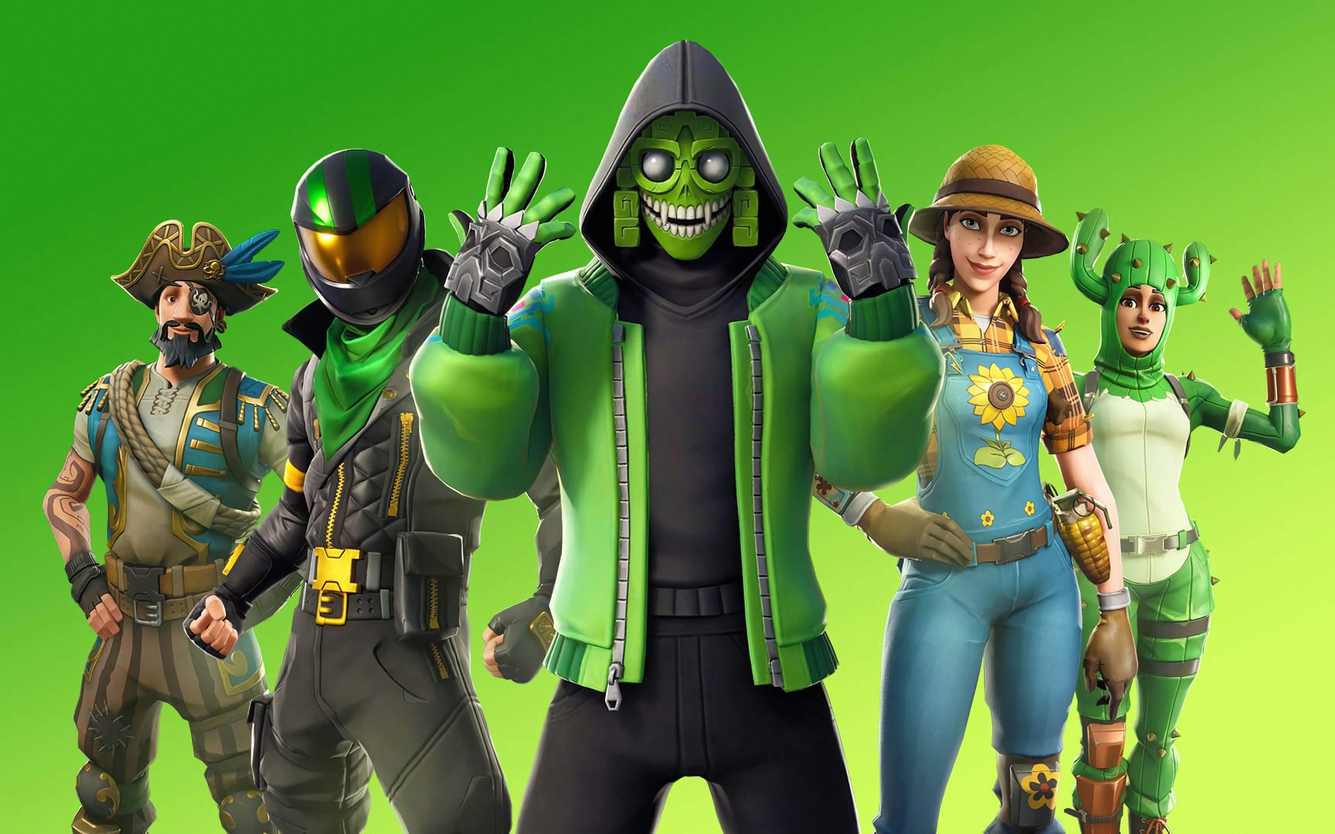 Персонажи компьютерной игры Fortnite 2 на зеленом фоне