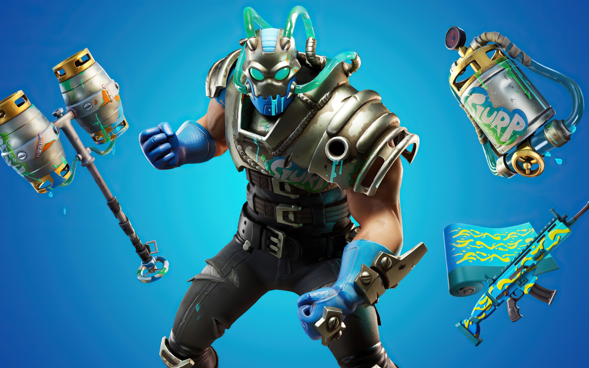 Warrior chooses weapons in Fortnite game on blue background