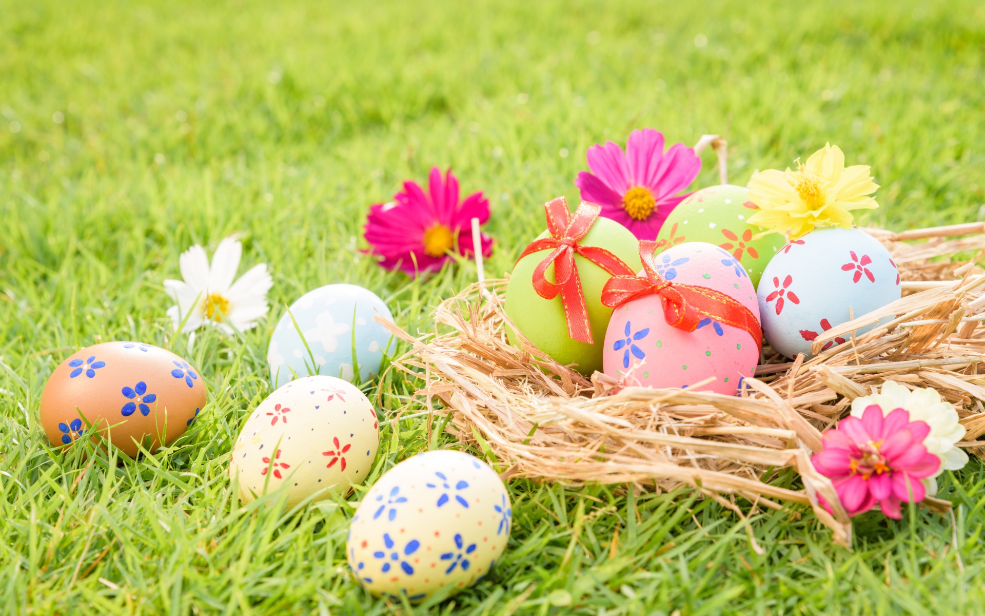 Разноцветные яйца в гнезде на зеленой траве на Пасху