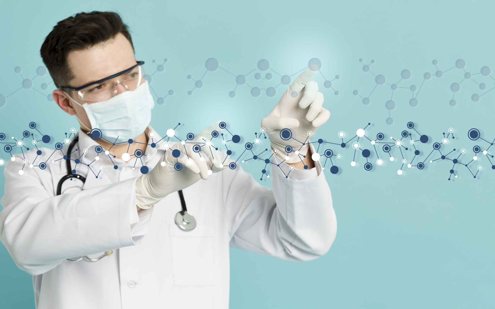 Мужчина доктор изучает молекулы на голубом фоне