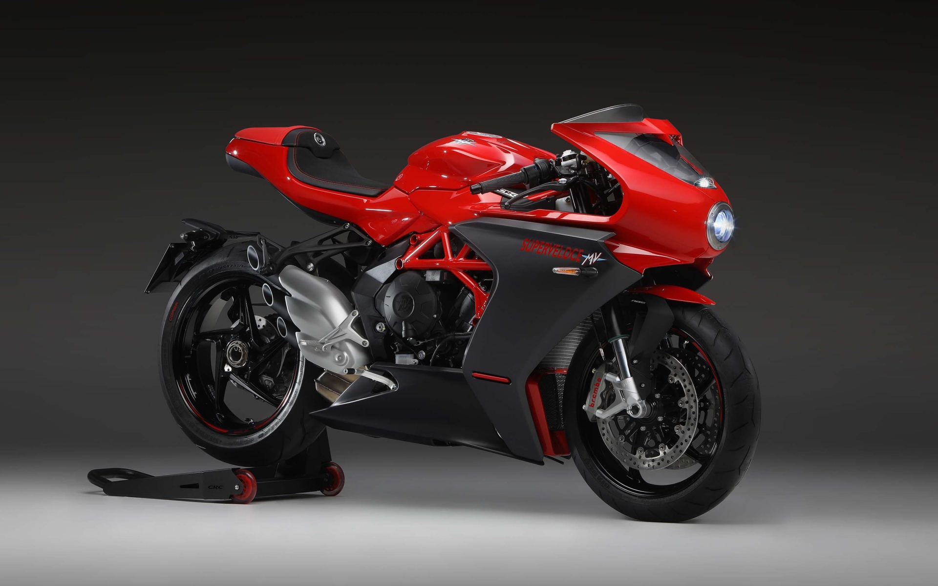 Red Agusta Superveloce 800 2020 motorcycle on a gray background