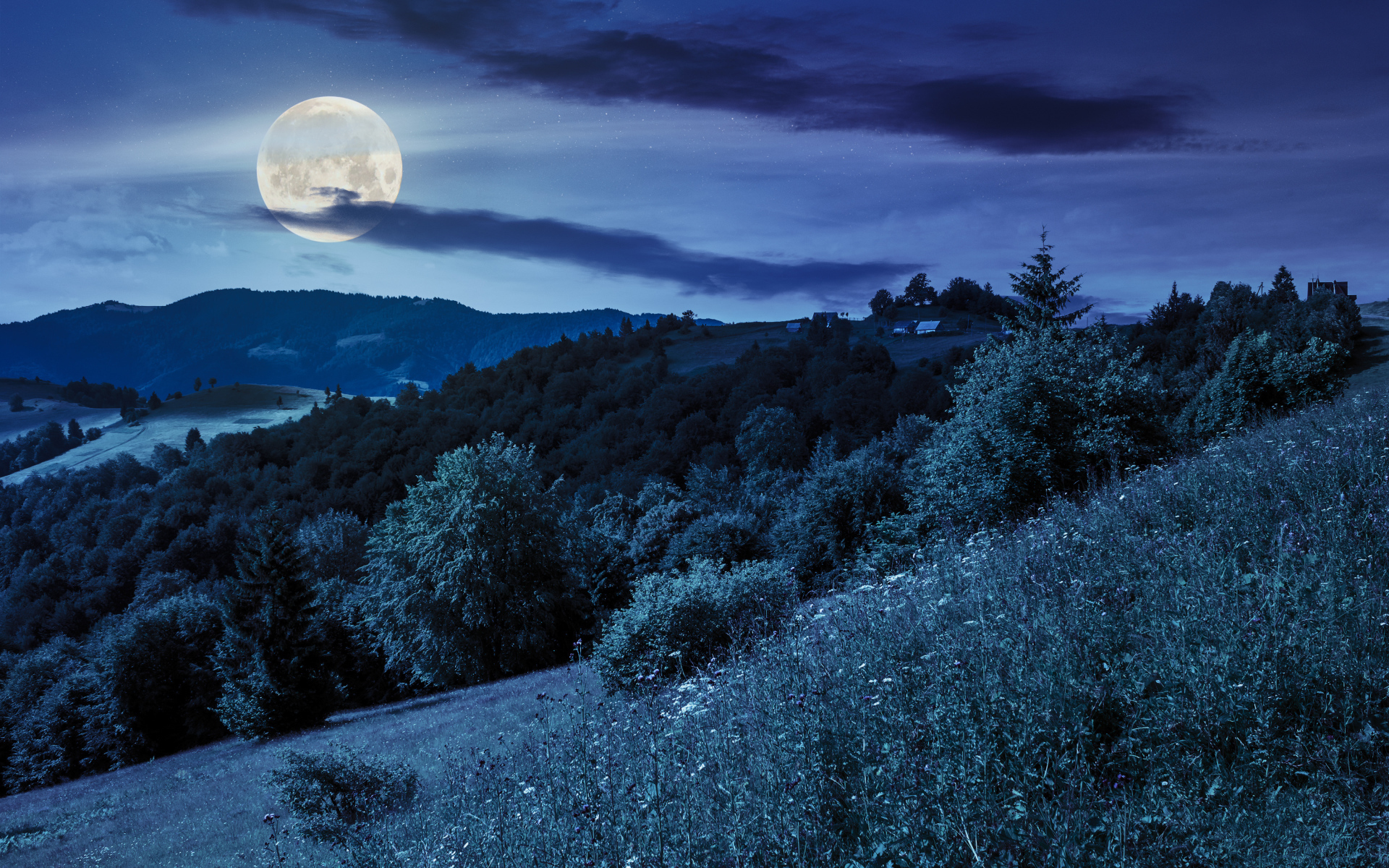 Большая луна в ночном небе над  холмами
