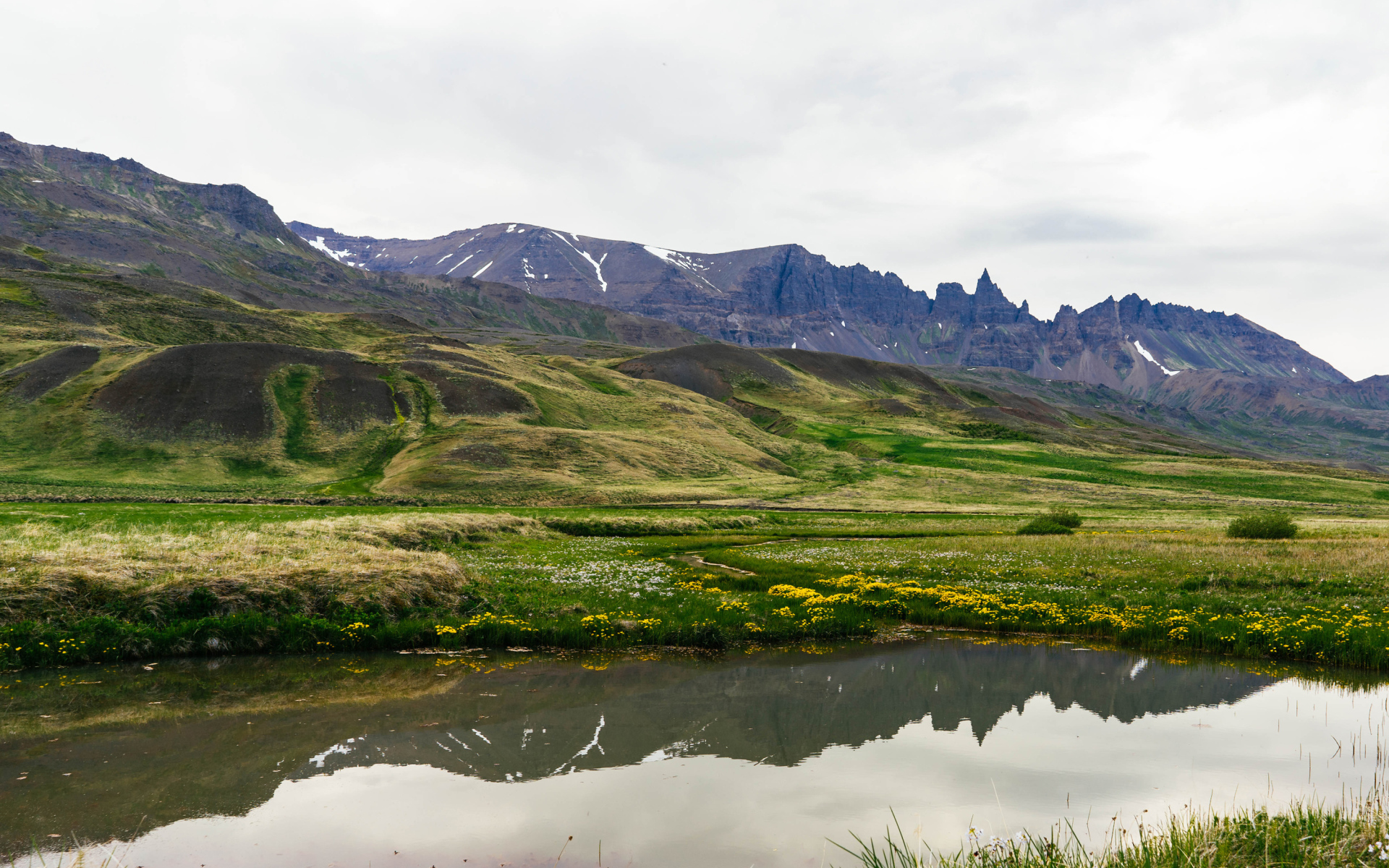 Озеро у холмов с зеленой травой в горах