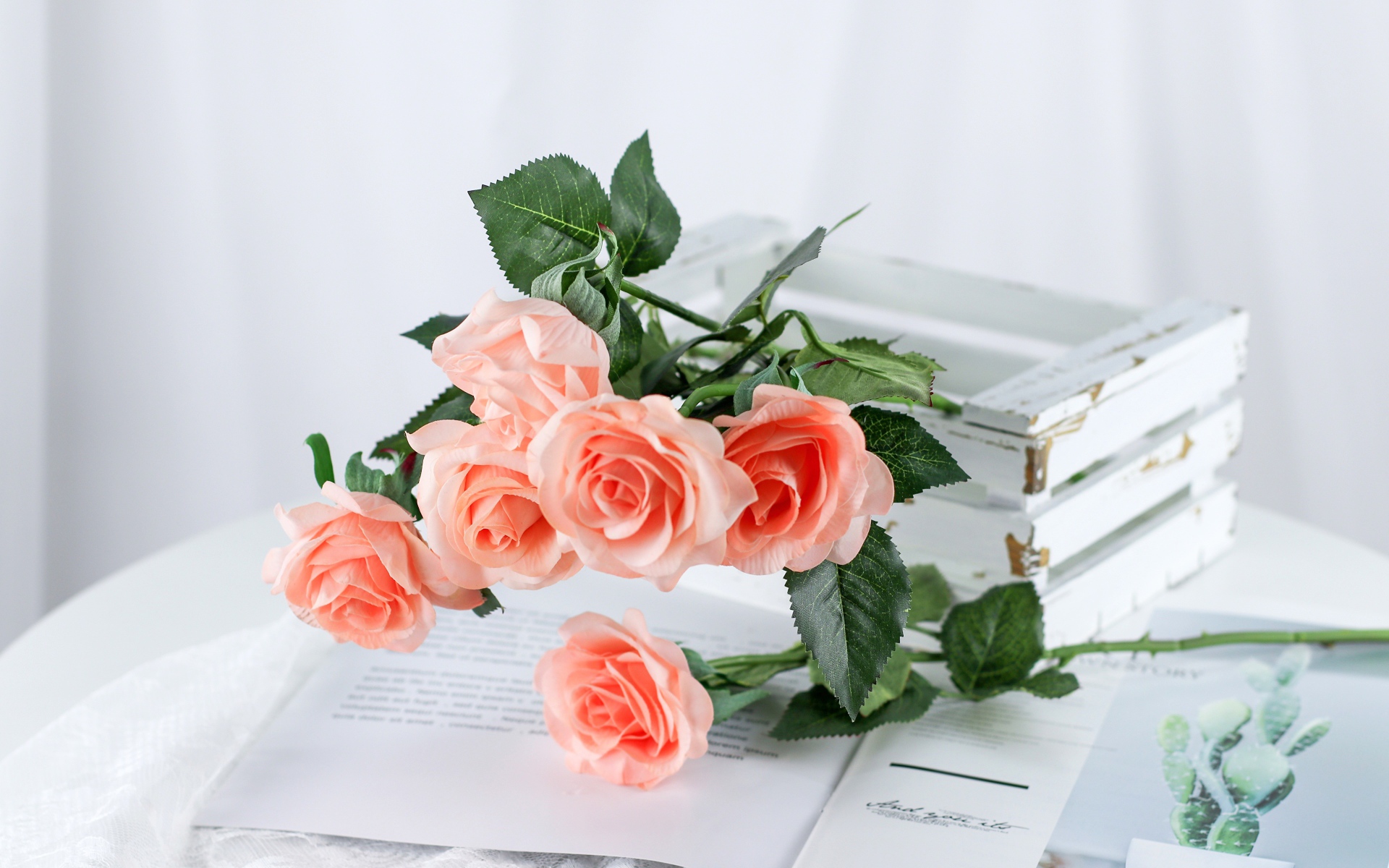 Розовые цветы лежат на столе на журнале