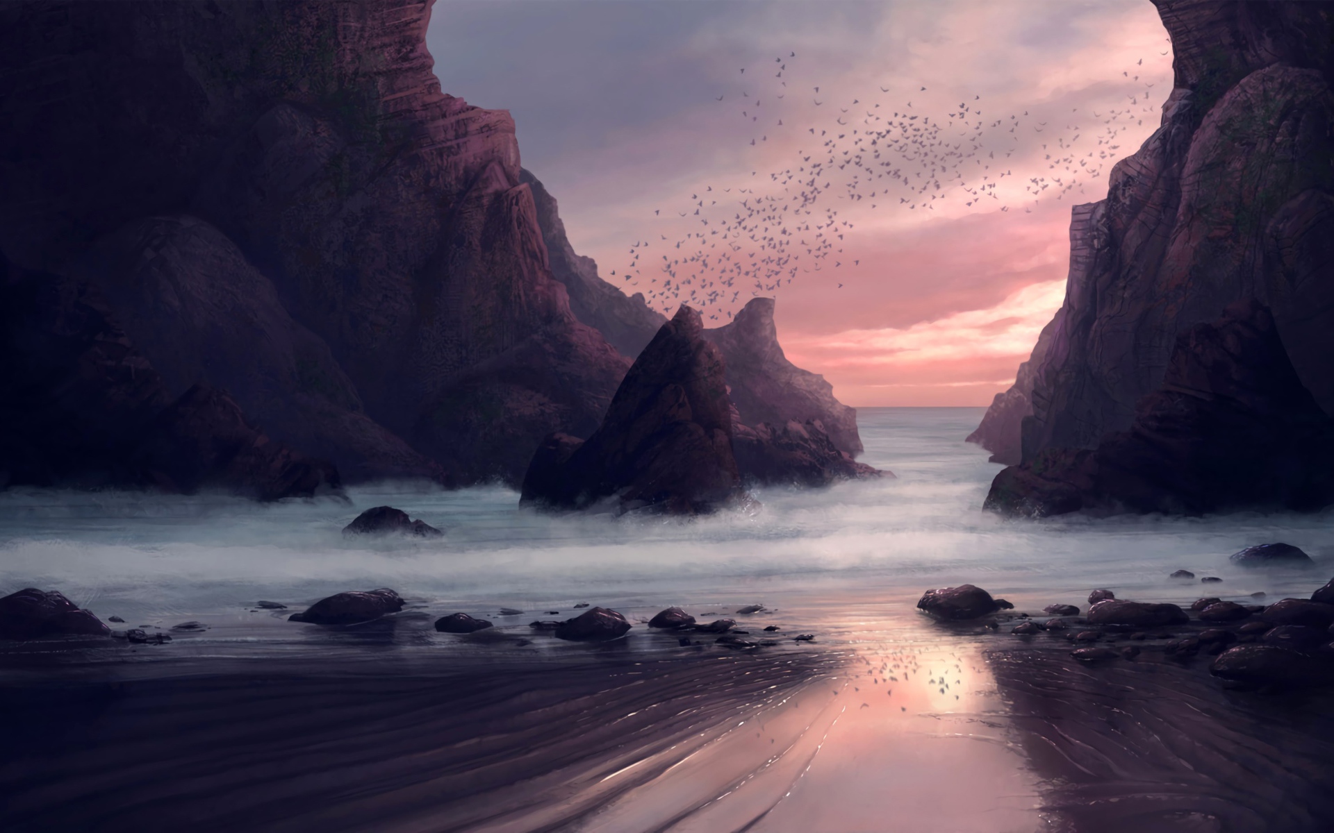 Стая птиц пролетает над скалами у моря 