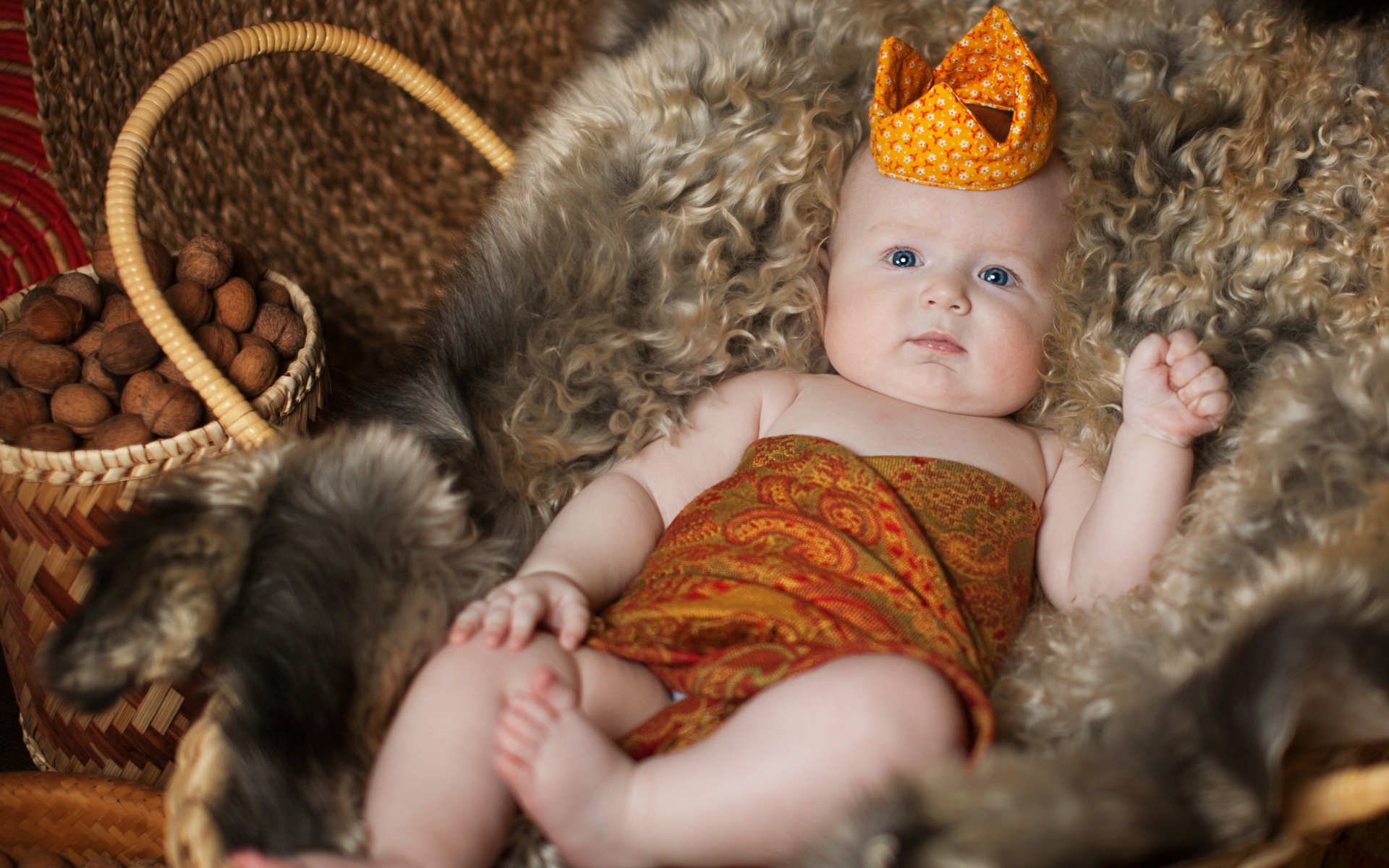 Маленький грудной ребенок в короне лежит в корзине 