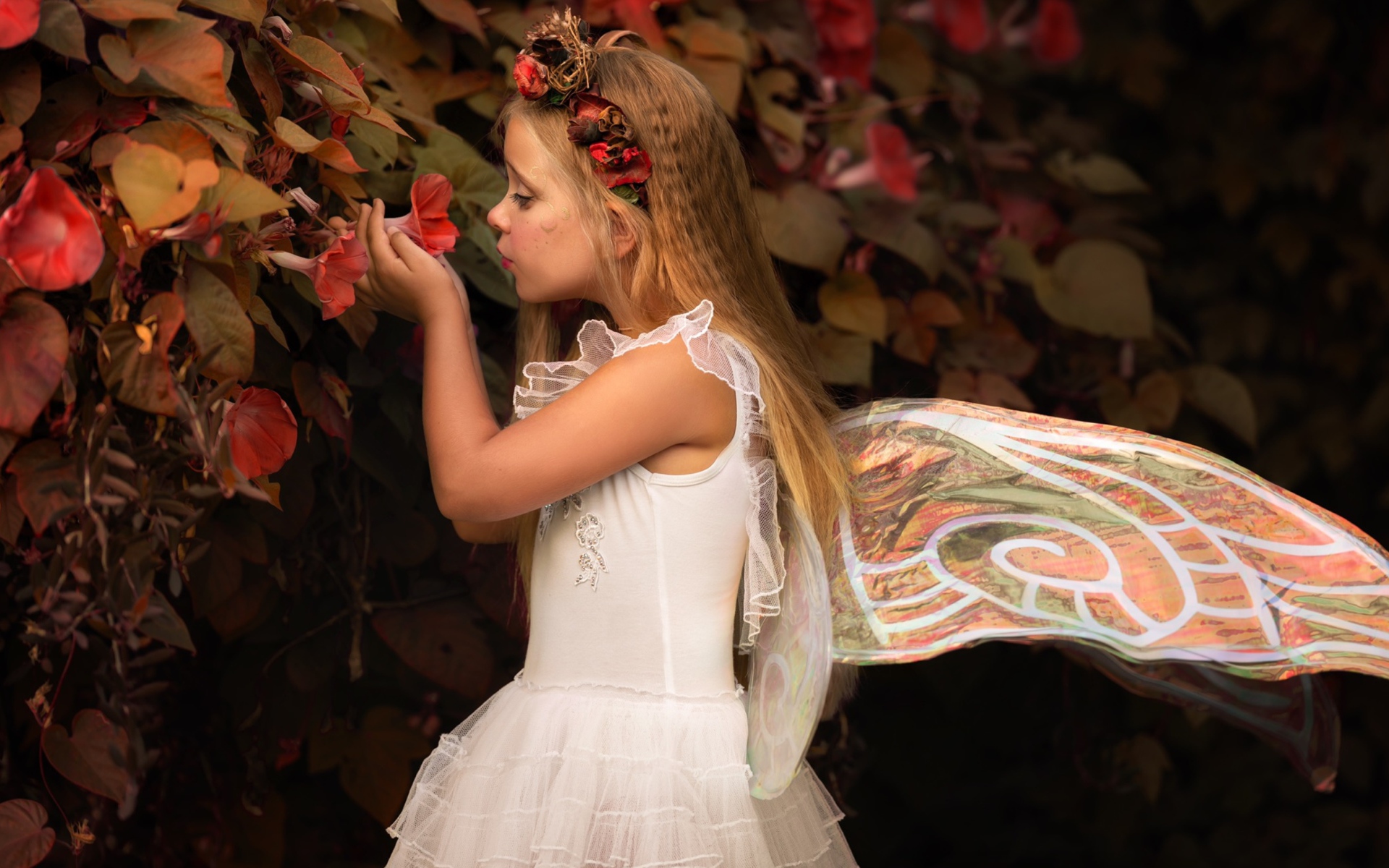 Маленькая девочка в костюме феи стоит у цветов