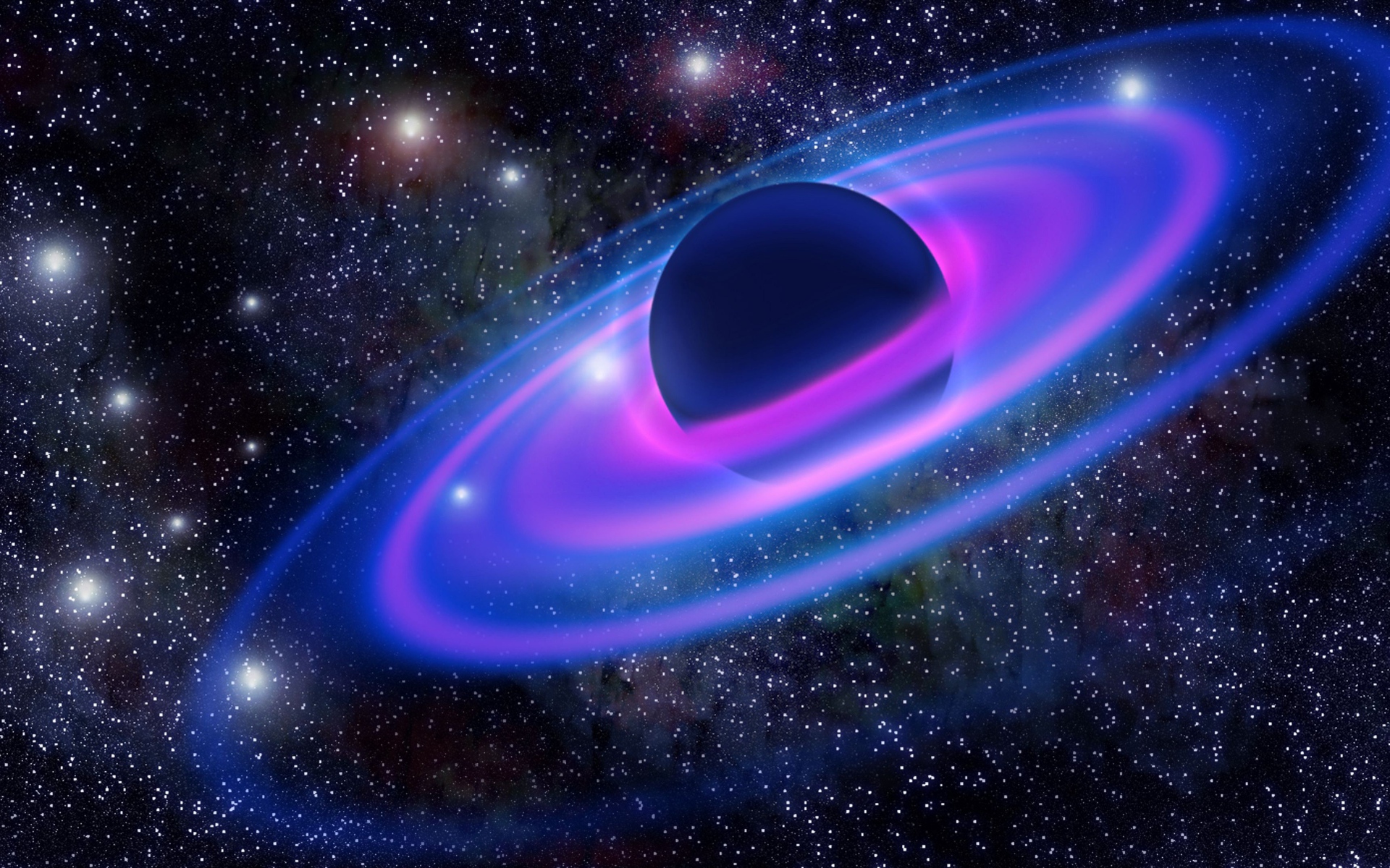 Большая планета с неоновыми кольцами в звездном небе 