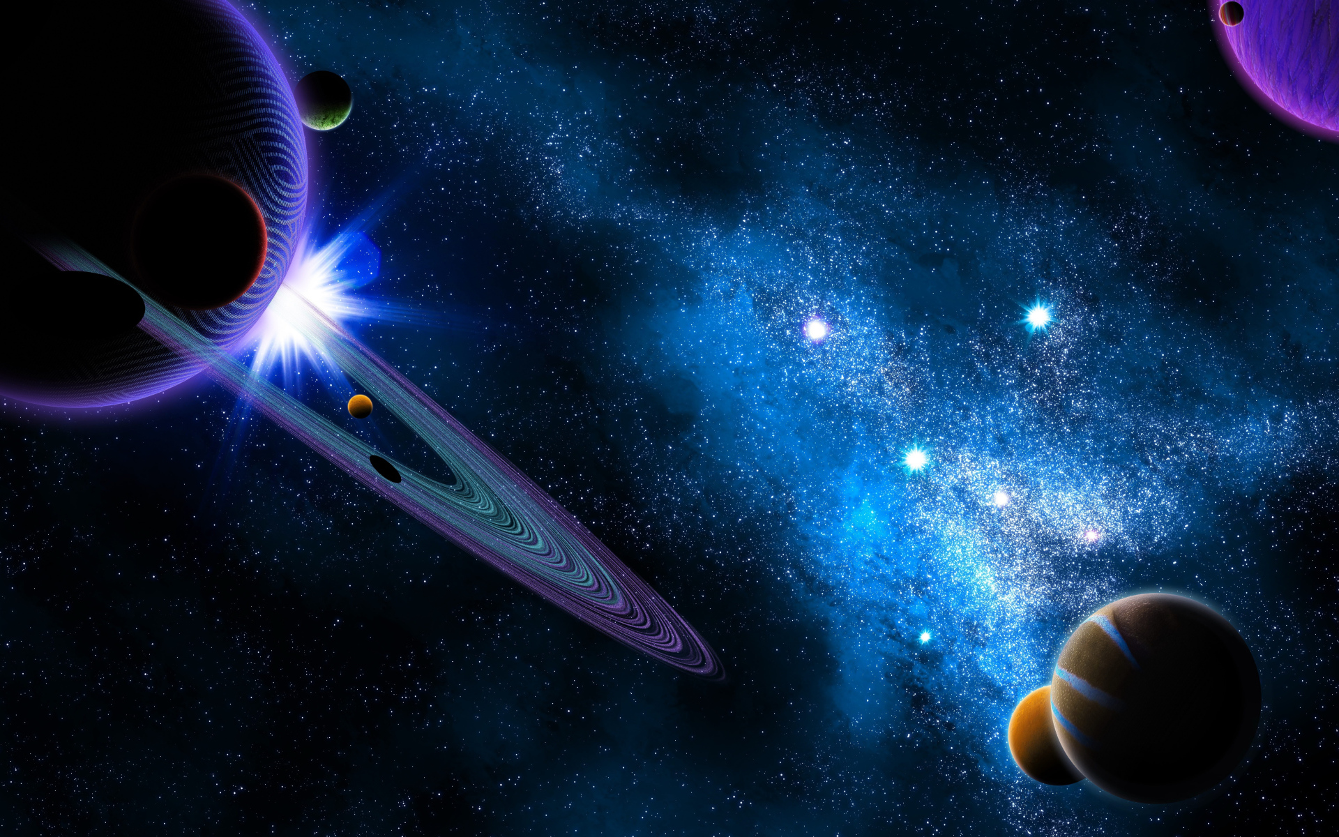 Planets of the solar system in space with the Milky Way