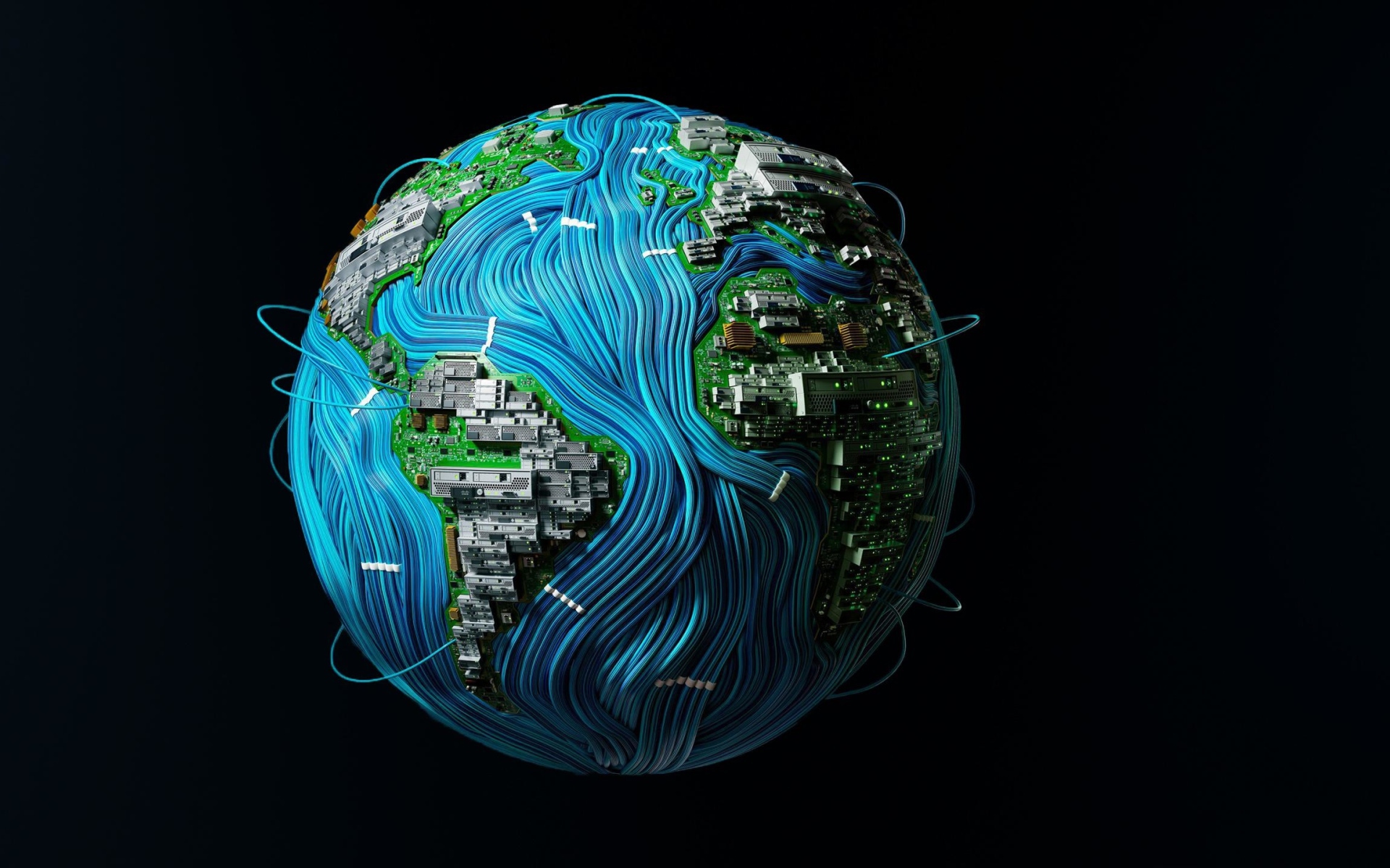 Планета земля окутана проводами на черном фоне