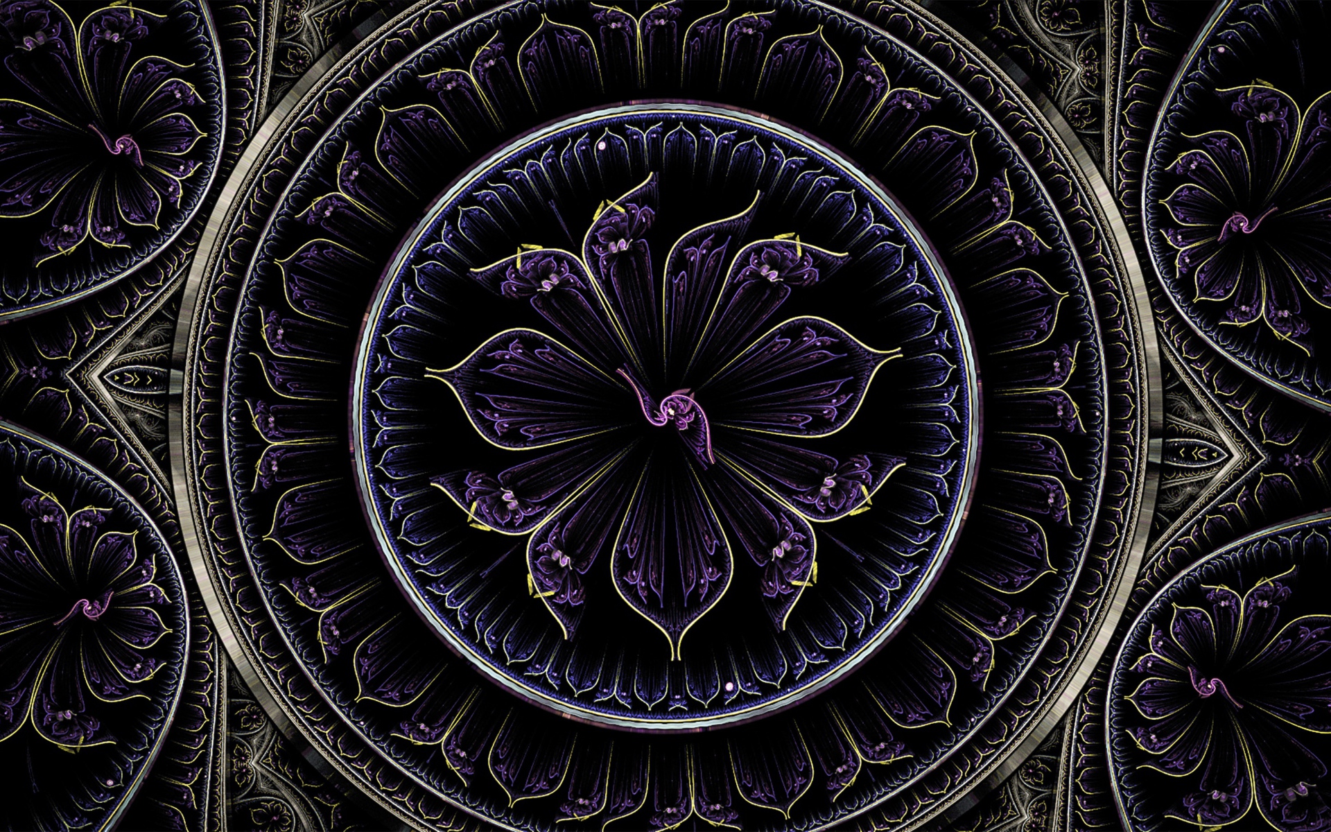 Красивый фиолетовый фрактальный рисунок с золотыми линиями