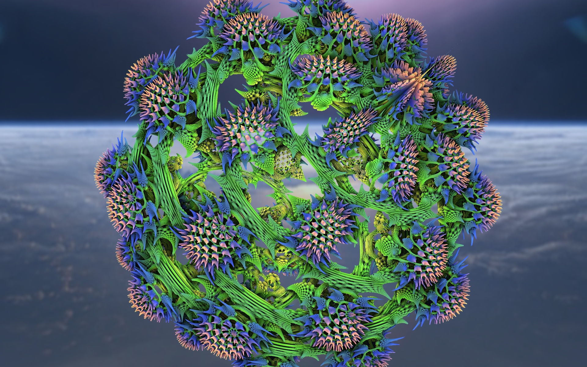 Большой колючий фрактальный цветок на сером фоне