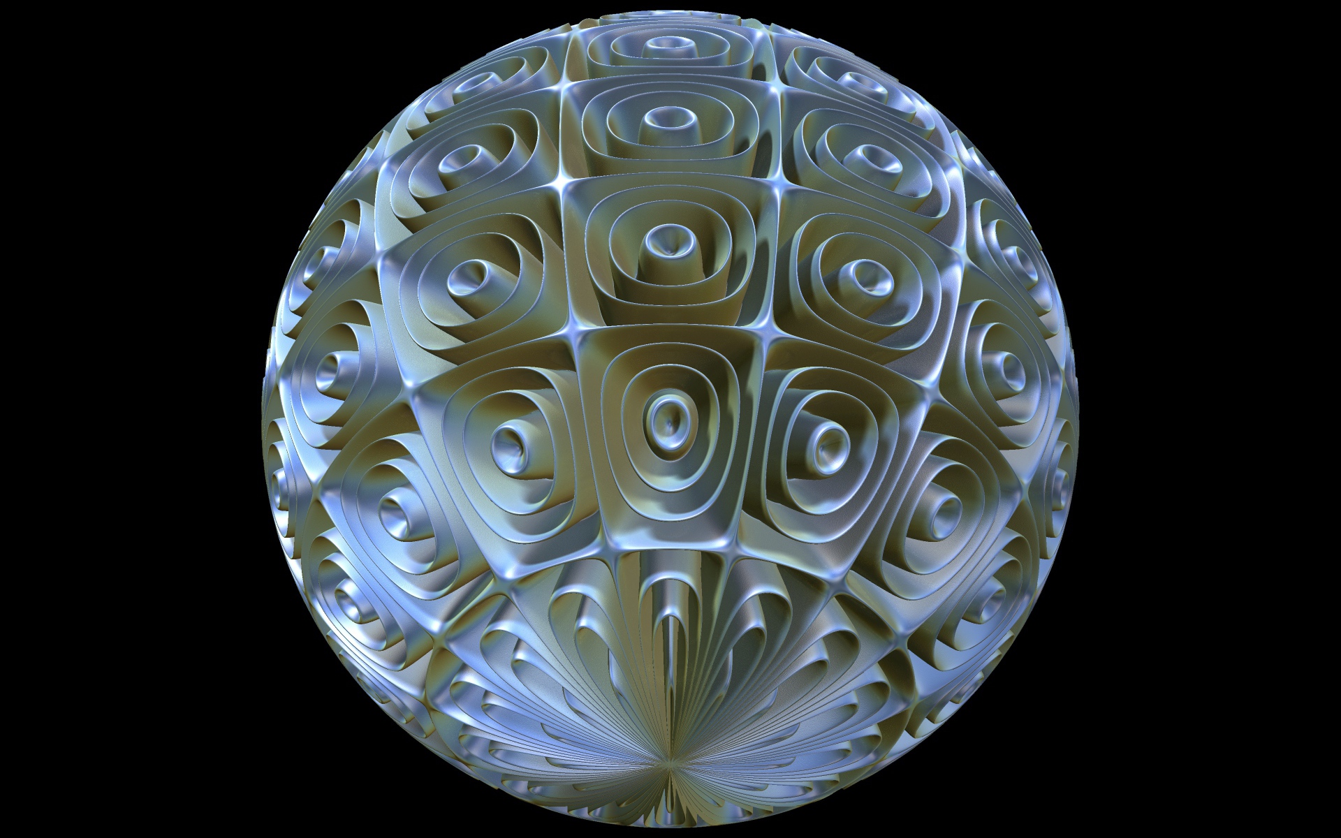 Круглый фрактальный рисунок из спиралей на черном фоне