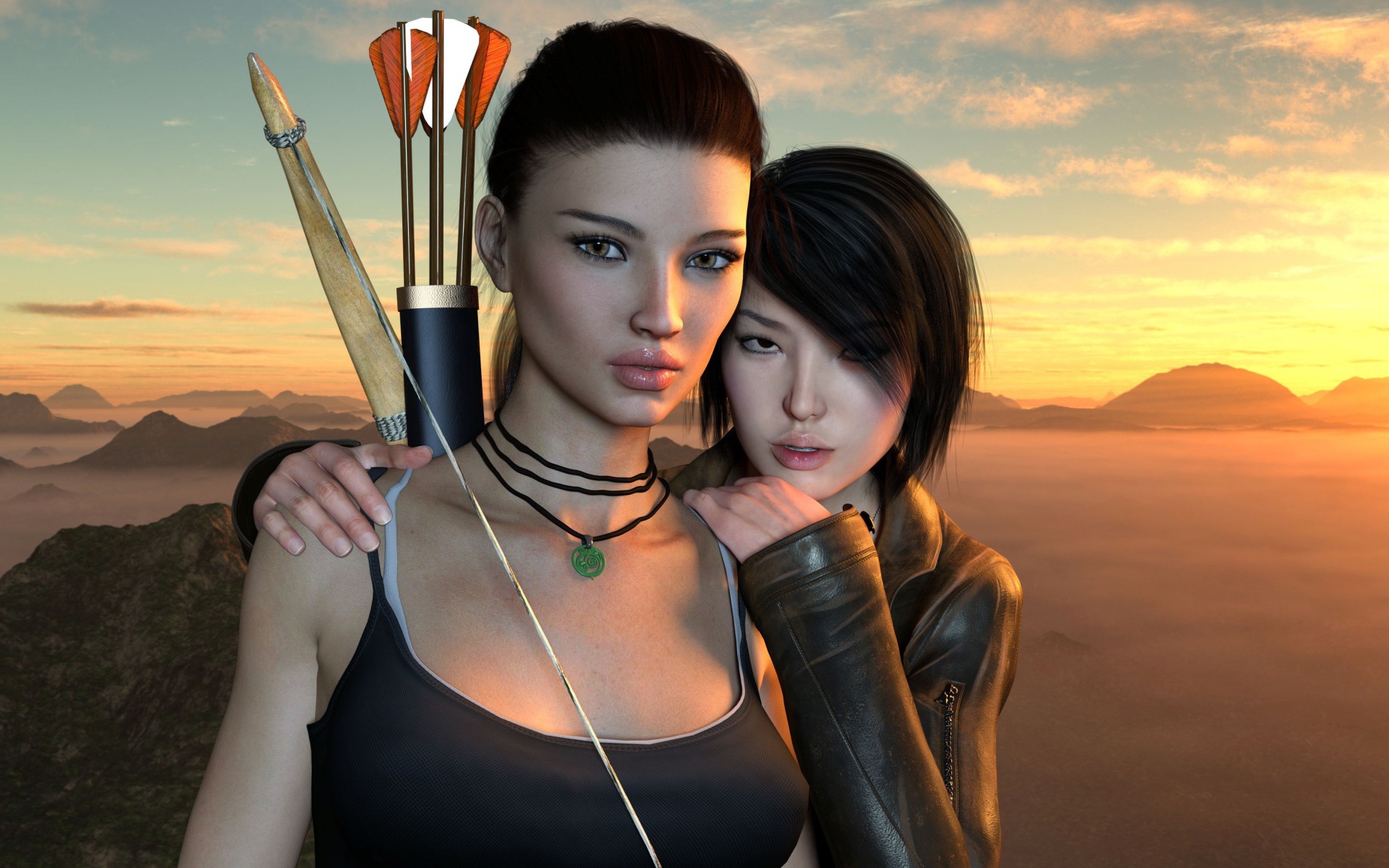 Две 3д девушки с луком и стрелами