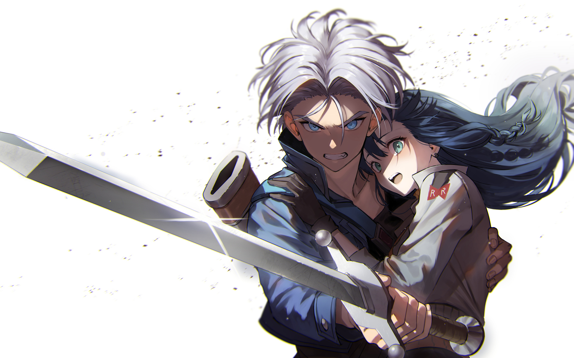 Парень и девушка на белом фоне аниме Драконий Жемчуг Зет