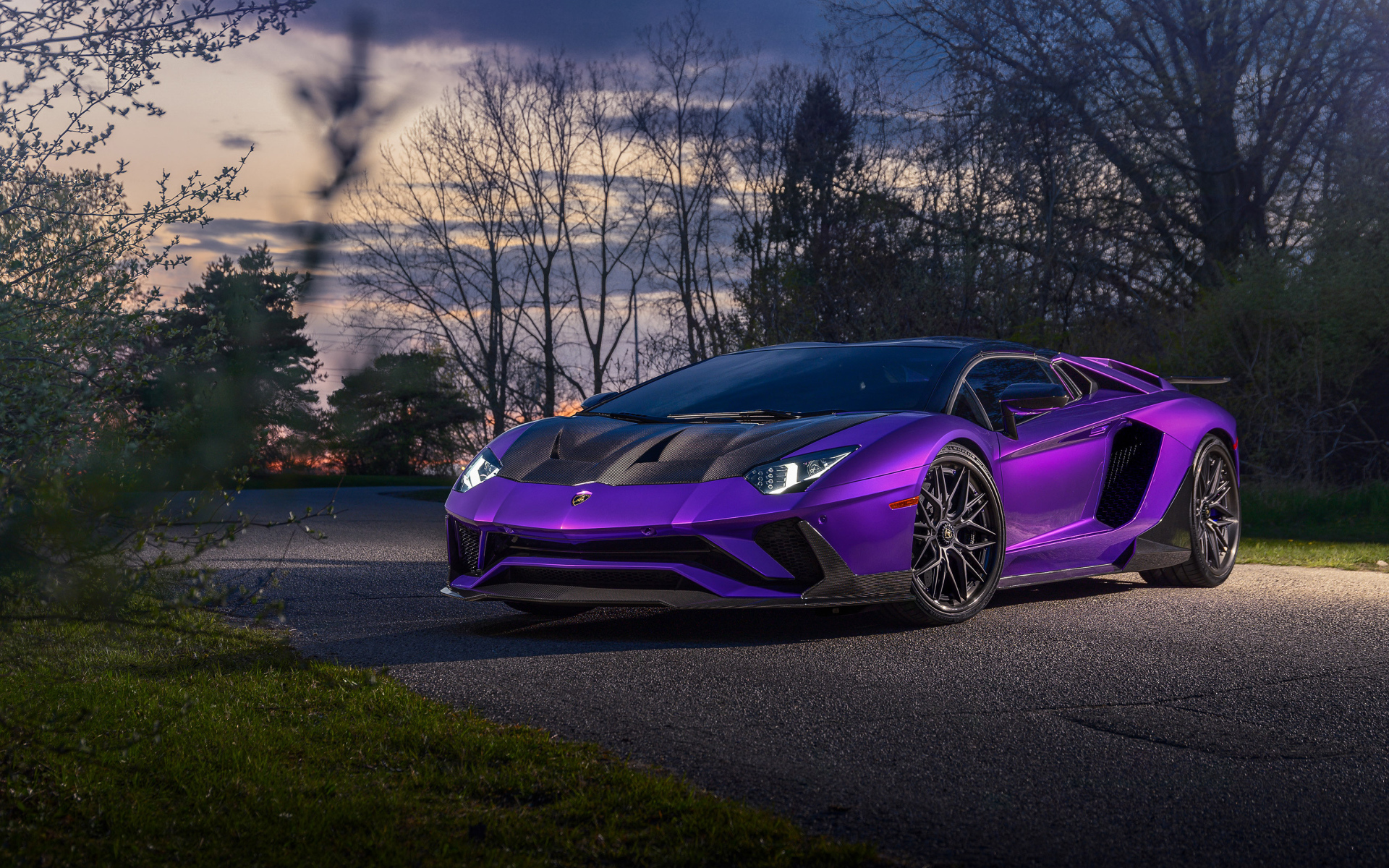 Фиолетовый автомобиль Lamborghini Aventador на дороге