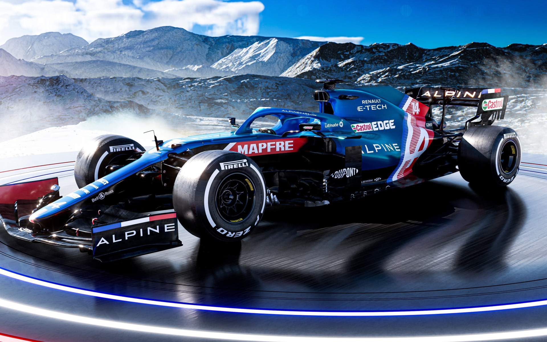 Гоночный Alpine A521 2021 года F1 Car на фоне гор