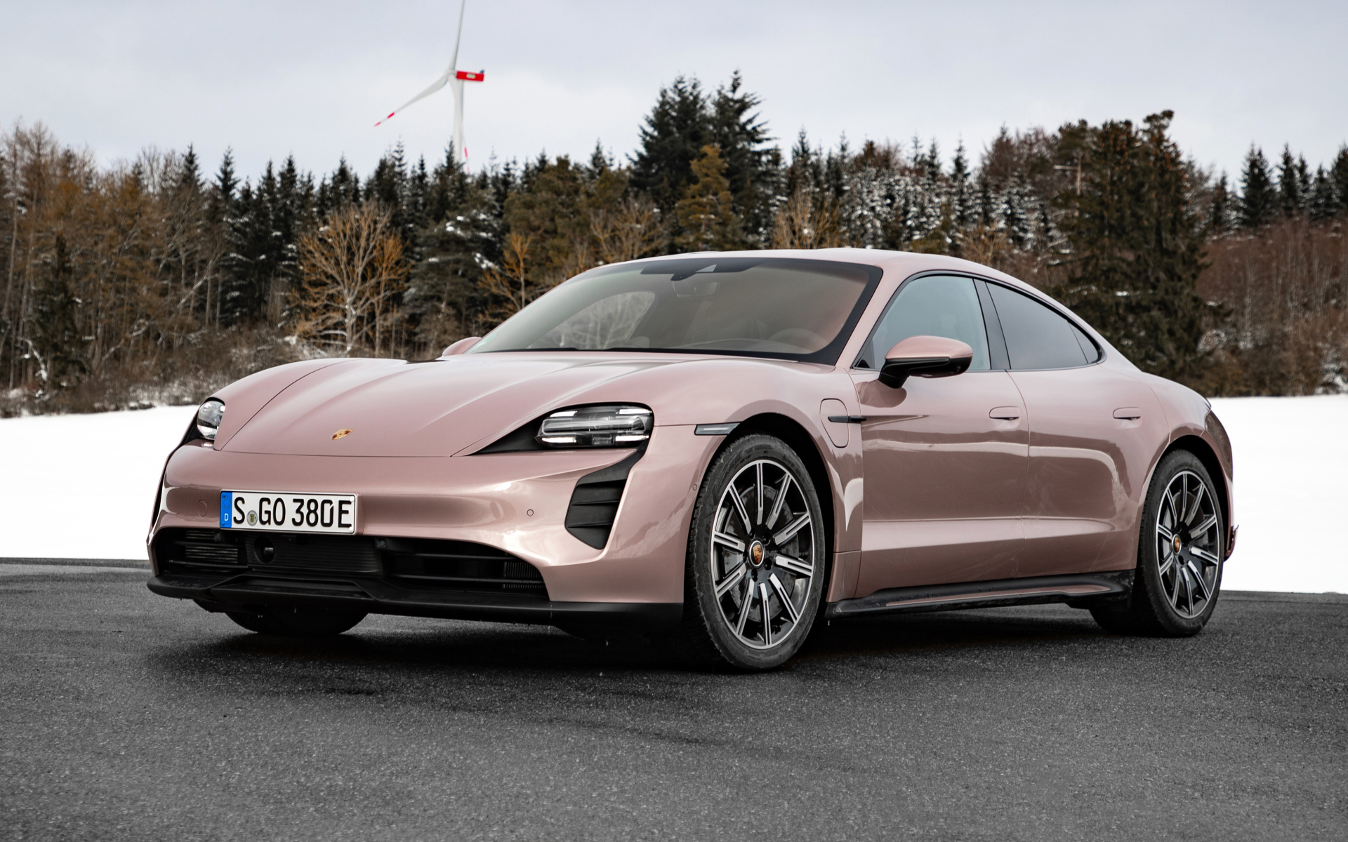 Автомобиль  Porsche Taycan 2021 года на фоне леса
