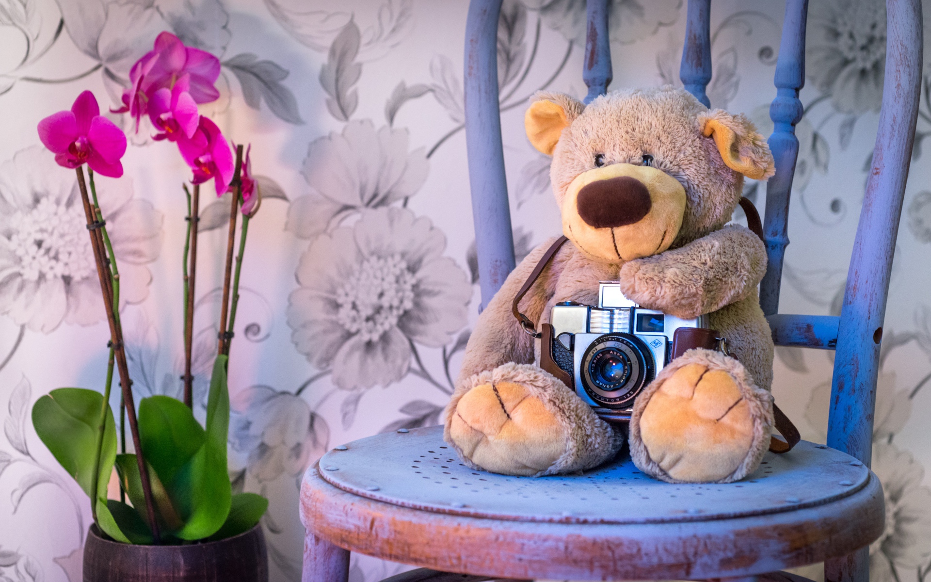 Игрушка медвежонок с фотоаппаратом на кресле