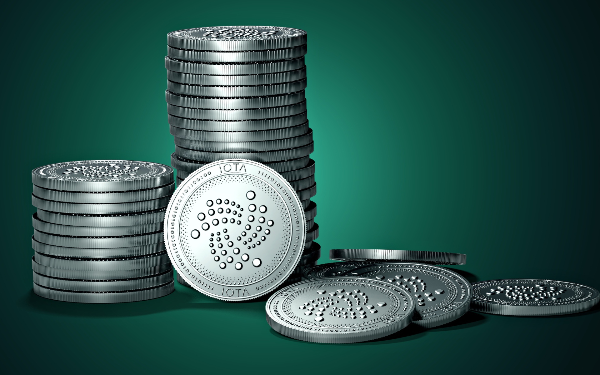 Монеты IOTA на зеленом фоне