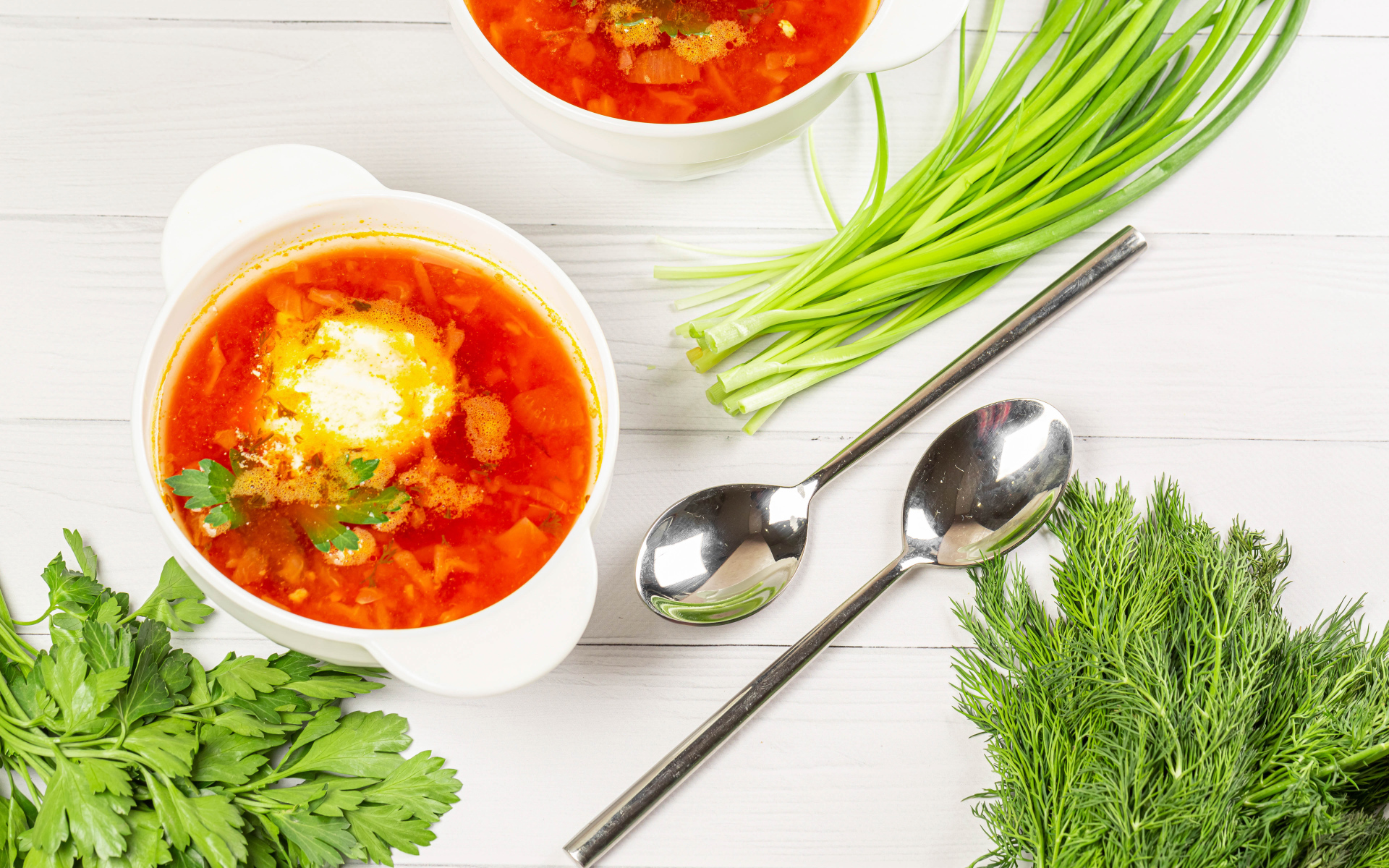 Две тарелки борща на столе с зеленью петрушки, луком и укропом